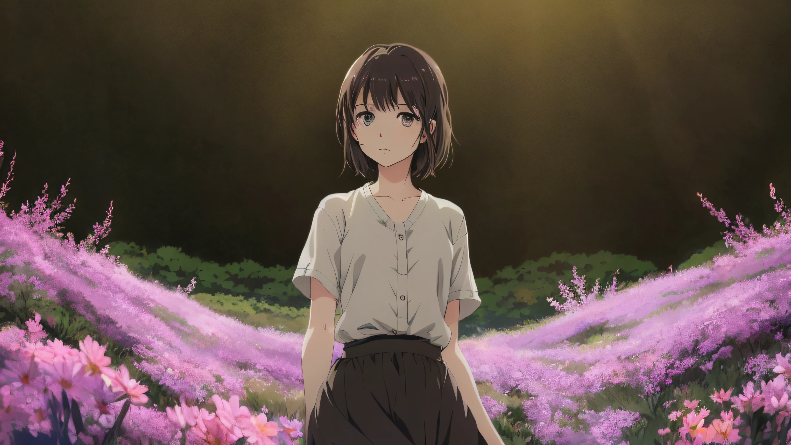Very detailed and accurate illustration close to the photo, CG, amazing beauty, calm expression, looking at the camera, brown short hair, perfectly round gray eyes, calm expression, wearing gray shirt, long gray skirt. Flowers blooming on the plateau in the background, surrounded by flowers, dramatic backlight, anime style.