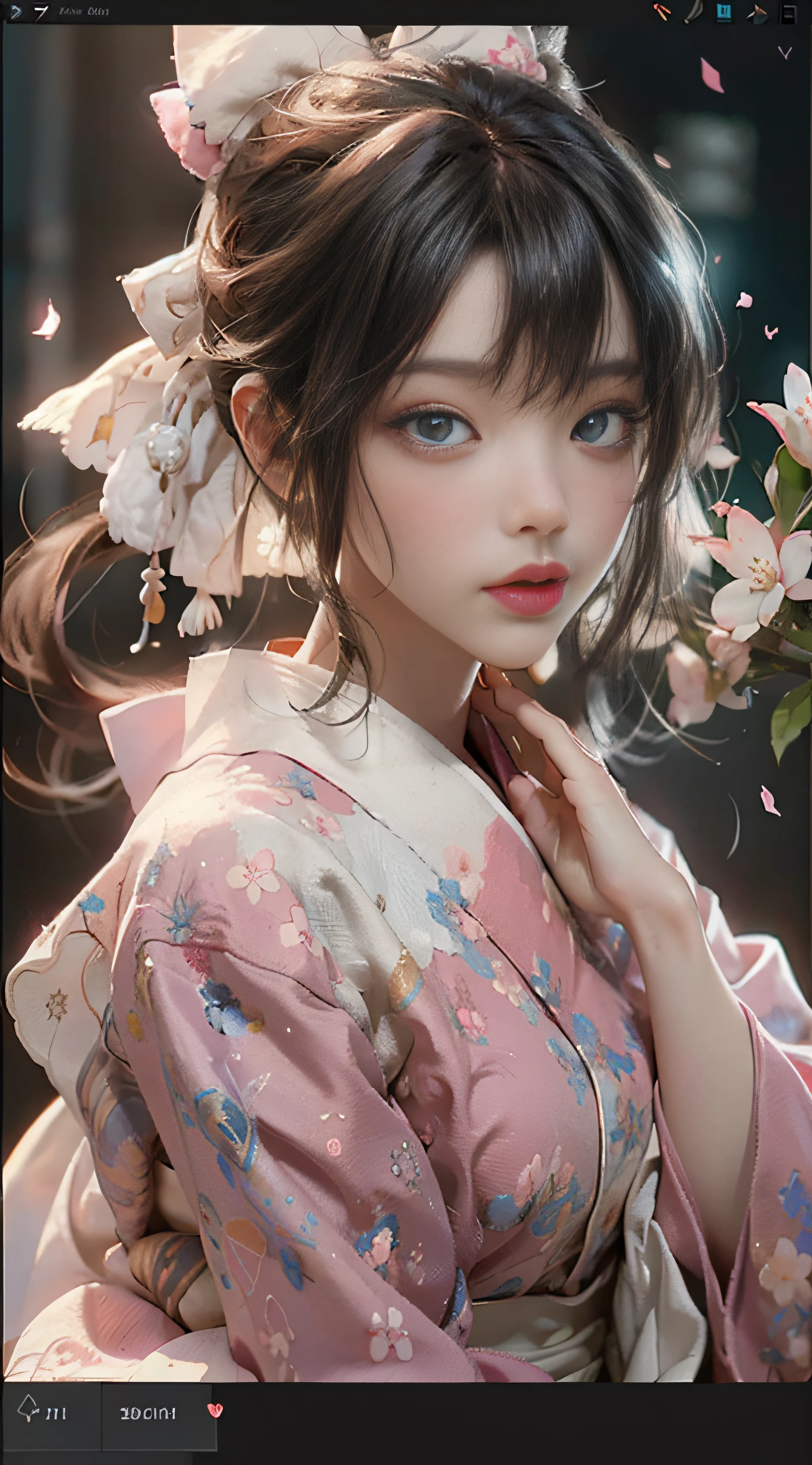 ((Best Quality)), ((Masterpiece)), (Detail: 1.4), 3D, Beautiful Cyberpunk Female Image, HDR (High Dynamic Range), Ray Tracing, NVIDIA RTX, Super Resolution, Unreal 5, Subsurface Scattering, PBR Texture, Post-Processing, Anisotropic Filtering, Depth of Field, Maximum Sharpness and Sharpness, Multi-layer Texture, Albedo and Highlight Mapping, Surface Coloring, Mitsu-Accurate Simulation of Material Interactions, Perfect Proportions, Octane Rendering, Two-color Light, Large Aperture, Low ISO, white balance, regular three-point, 8K RAW, beautiful bright pupils, flowing robe, fine pupils, delicate face and eyes, long eyelashes, blush, fluffy hair, pink lips, pure, cute, cherry blossom petals falling, butterfly