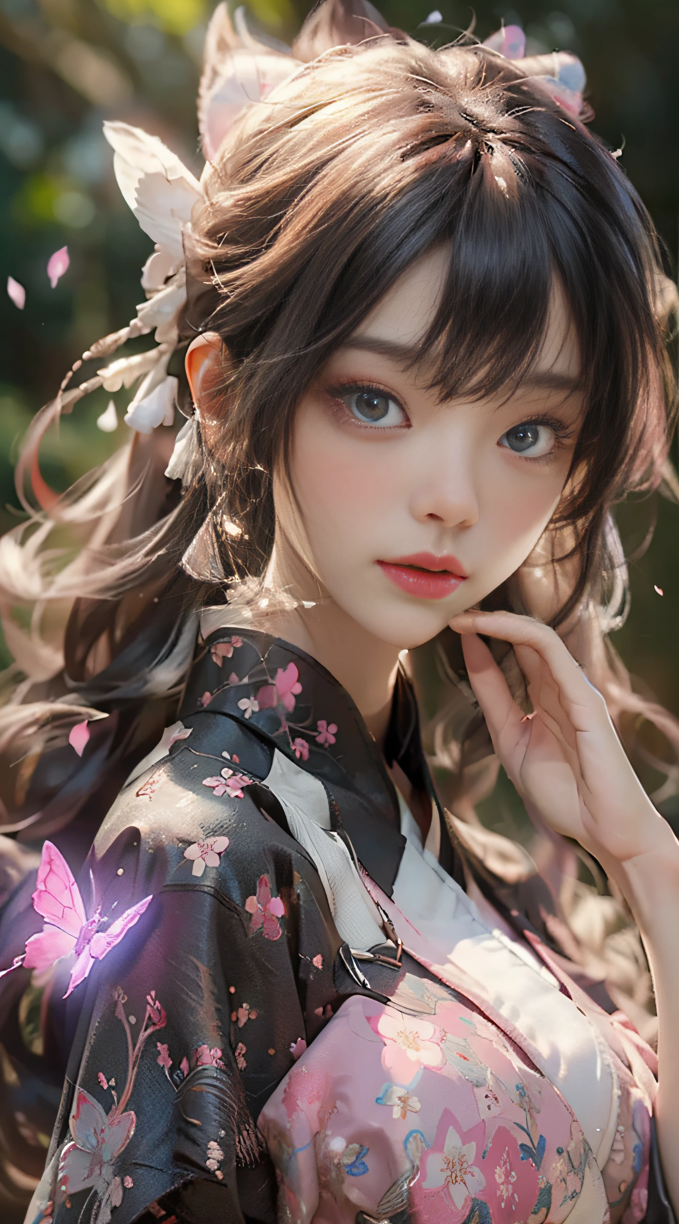((Best Quality)), ((Masterpiece)), (Detail: 1.4), 3D, Beautiful Cyberpunk Female Image, HDR (High Dynamic Range), Ray Tracing, NVIDIA RTX, Super Resolution, Unreal 5, Subsurface Scattering, PBR Texture, Post-Processing, Anisotropic Filtering, Depth of Field, Maximum Sharpness and Sharpness, Multi-layer Texture, Albedo and Highlight Mapping, Surface Coloring, Mitsu-Accurate Simulation of Material Interactions, Perfect Proportions, Octane Rendering, Two-color Light, Large Aperture, Low ISO, white balance, regular three-point, 8K RAW, beautiful bright pupils, flowing robe, fine pupils, delicate face and eyes, long eyelashes, blush, fluffy hair, pink lips, pure, cute, cherry blossom petals falling, butterfly