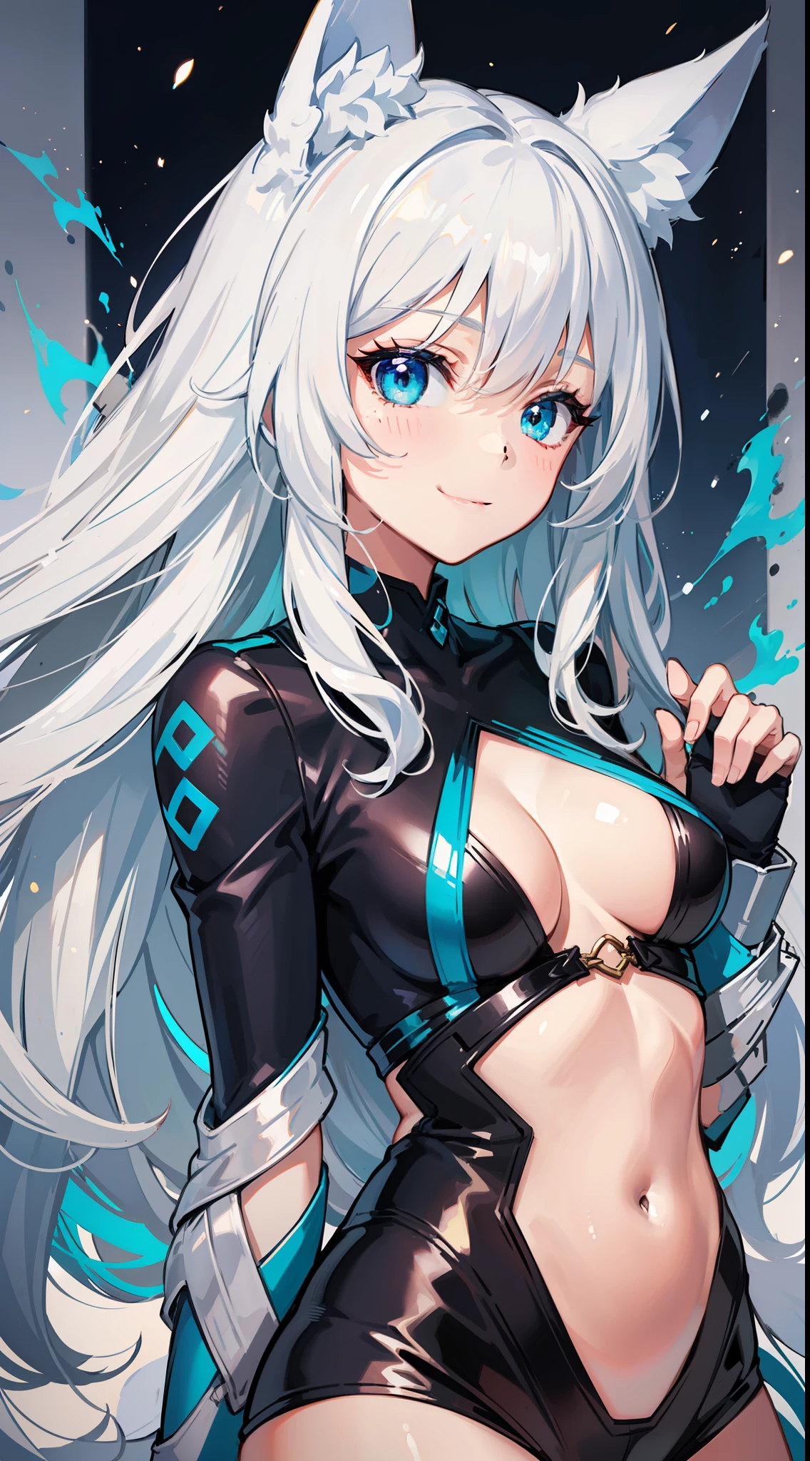 Young girl, long white hair, turquoise eyes, blue superhero costume, fox ears, fox tail, blue fire, smile, masterpiece, high quality