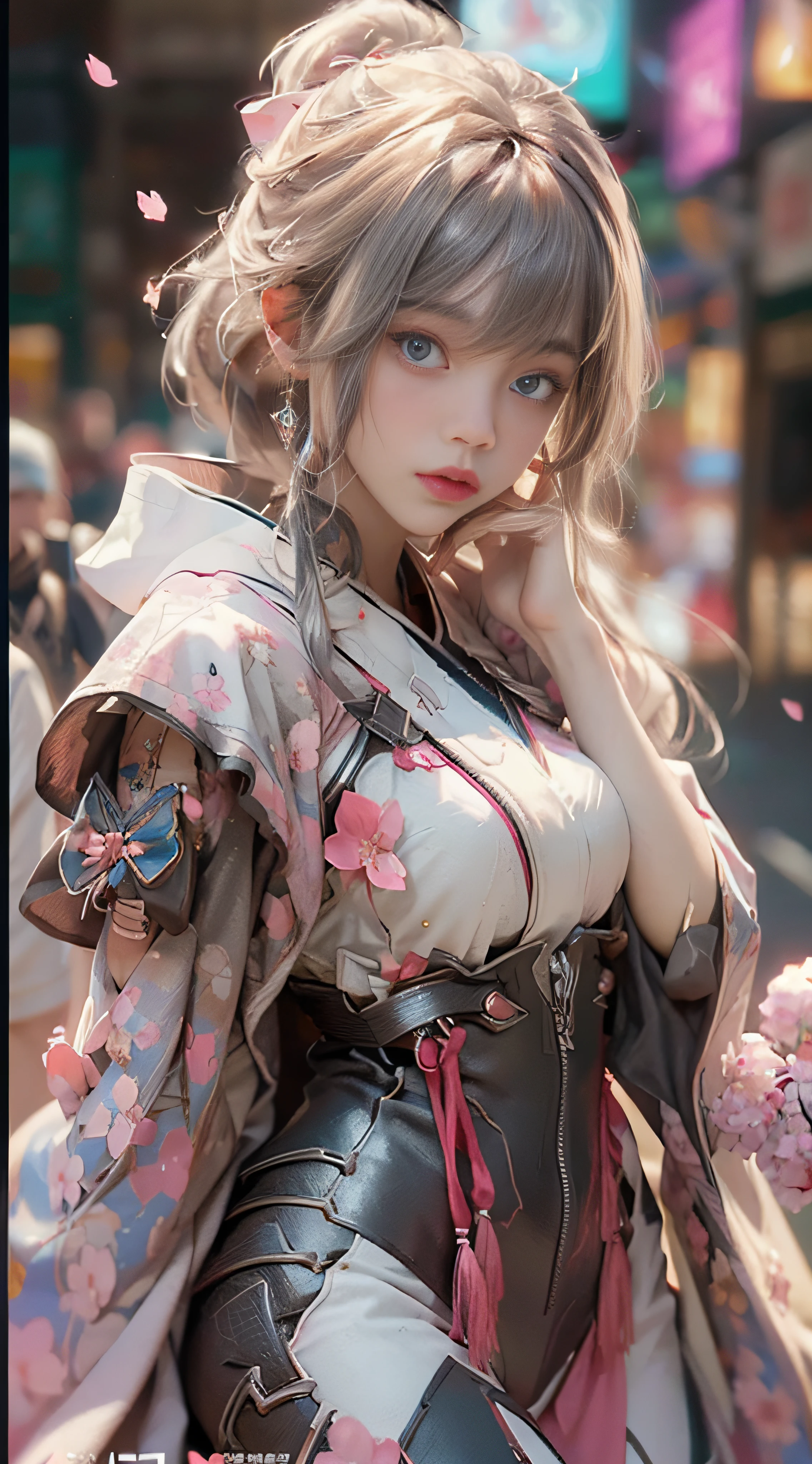 ((Best Quality)), ((Masterpiece)), (Detail: 1.4), 3D, Beautiful Cyberpunk Female Image, HDR (High Dynamic Range), Ray Tracing, NVIDIA RTX, Super Resolution, Unreal 5, Subsurface Scattering, PBR Texture, Post-Processing, Anisotropic Filtering, Depth of Field, Maximum Sharpness and Sharpness, Multi-layer Texture, Albedo and Highlight Mapping, Surface Coloring, Mitsu-Accurate Simulation of Material Interactions, Perfect Proportions, Octane Rendering, Two-color Light, Large Aperture, Low ISO, white balance, regular three-point, 8K RAW, beautiful bright pupils, flowing robe, fine pupils, delicate face and eyes, long eyelashes, blush, fluffy hair, pink lips, pure, cute, cherry blossom petals falling, butterfly