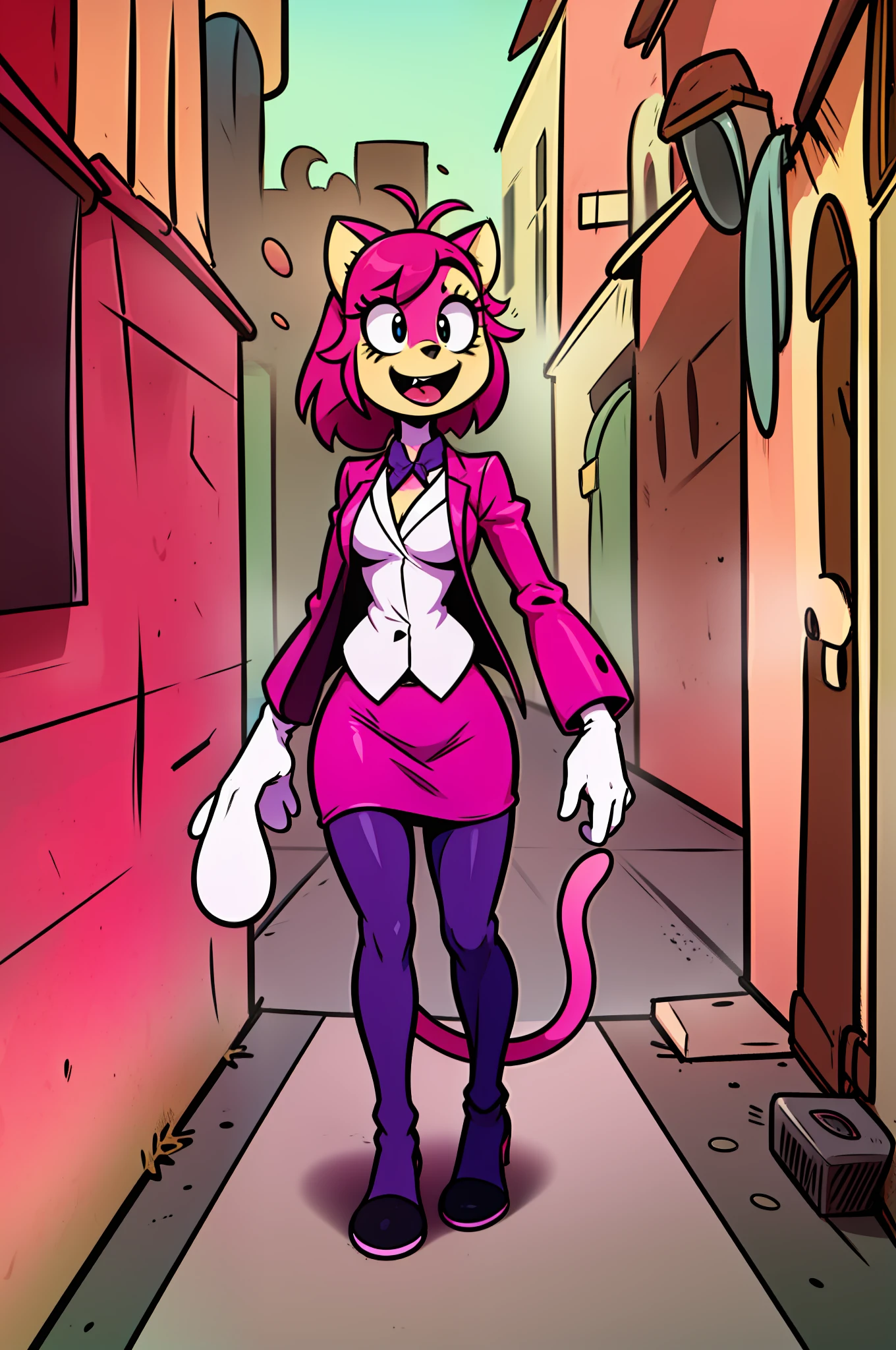 catgirl, furry, toon, cartoon, pink hair, walking,, lion tail, cat ears, animal nose, coat, vest, smile