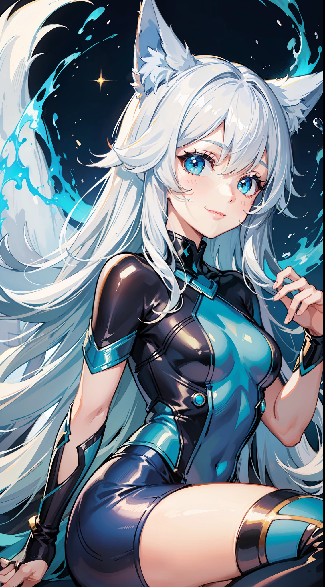 Young girl, long white hair, turquoise eyes, blue superhero costume, fox ears, fox tail, blue fire, smile, masterpiece, high quality