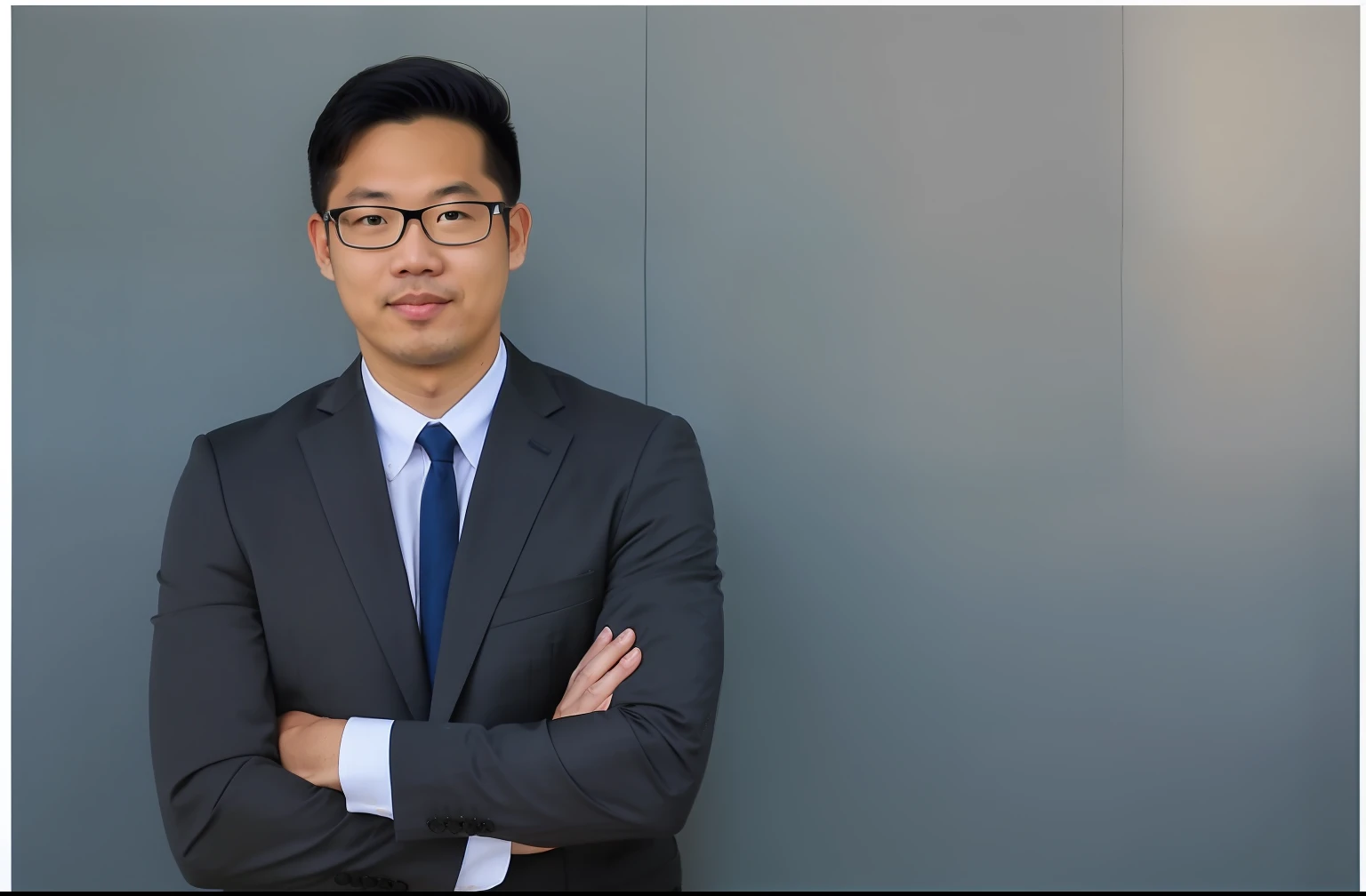 arafed man in a suit and tie standing with his arms crossed, wearing a suit and glasses, in suit with black glasses, reuben wu, professional profile photo, peter chung, christopher cao, wearing business suit, gregg araki, wearing a suit and a tie, michael okuda, handsome chad chin, jeremy cheung, profile shot, wearing a business suit