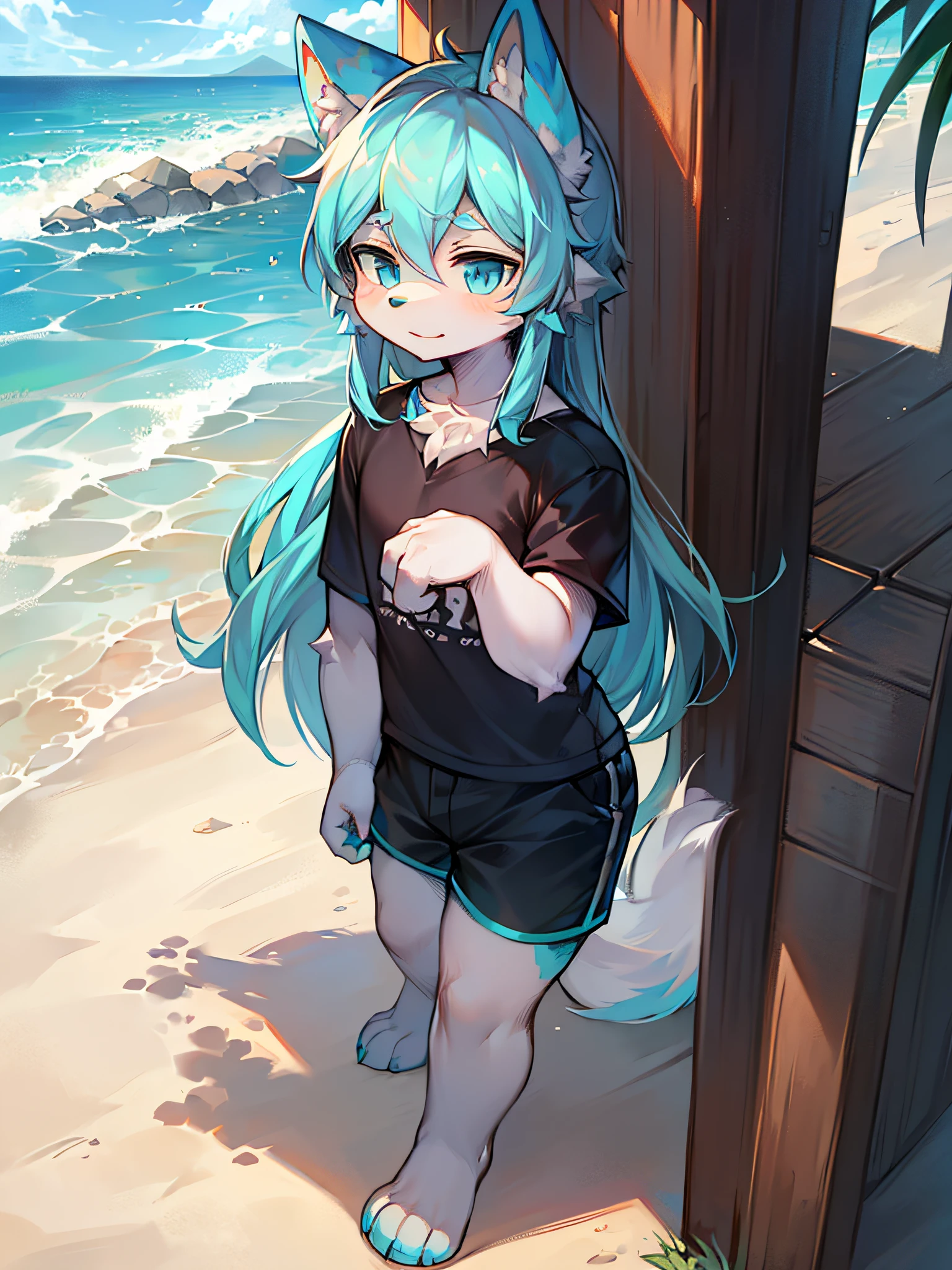 (Best Quality), (Masterpiece), ((Single)), (Ultra Detailed), (Furry), Full Body Furry, Furry, (Male Longhair: 1.5), (White Skin: 1.3), (Fluffy Tail: 1.2), Character Focus, (Blue Eyes) (Cyan Hair), (Canine Paws), (Blue Ears), Sharp Focus, (Furry Feeling of Animal Ears), ((Wearing Shorts)), ((Wearing Short Sleeves)), On the beach, by the sea, standing