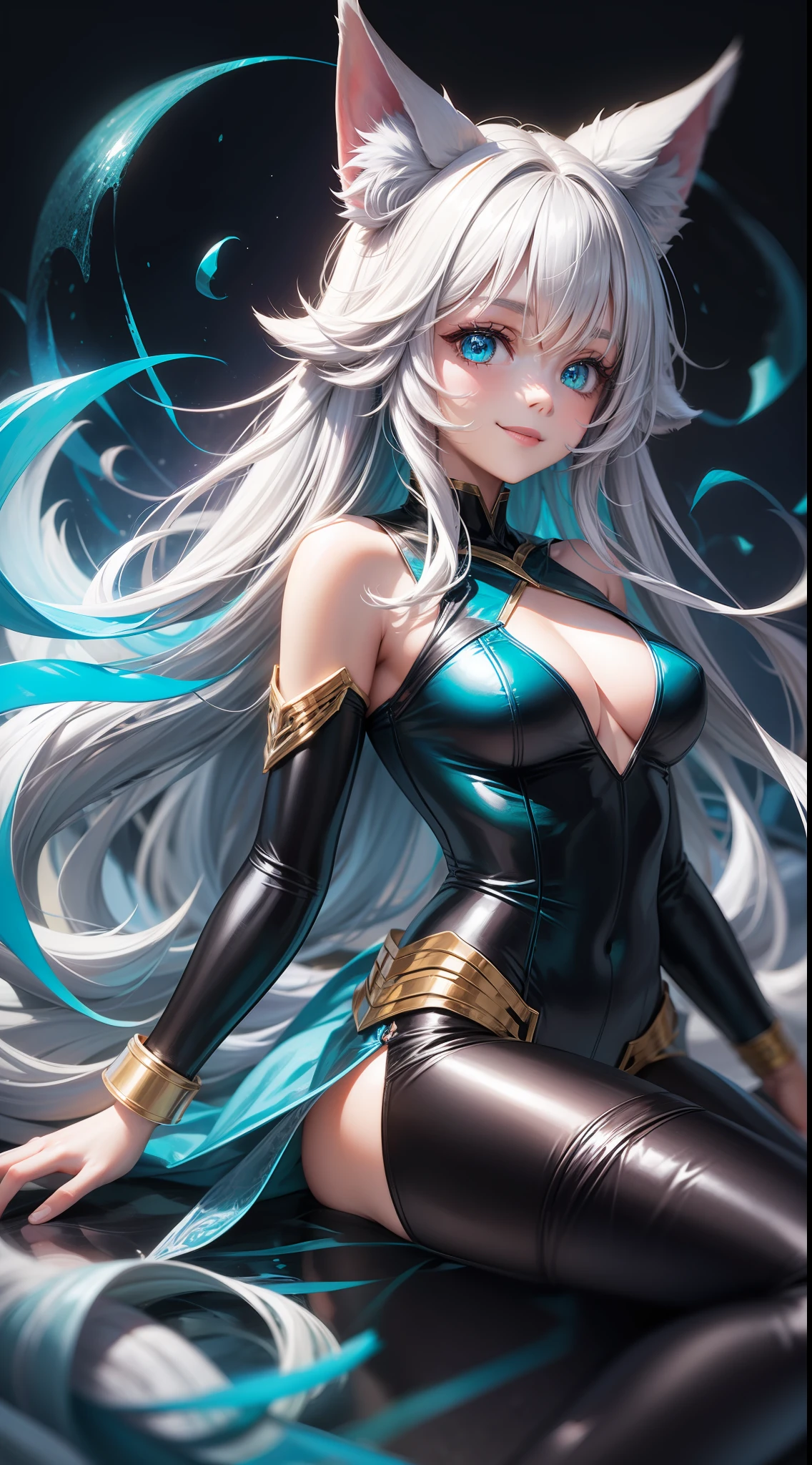 Young girl, long white hair, turquoise eyes, blue superhero costume, fox ears, fox tail, blue fire, smile, masterpiece, high quality