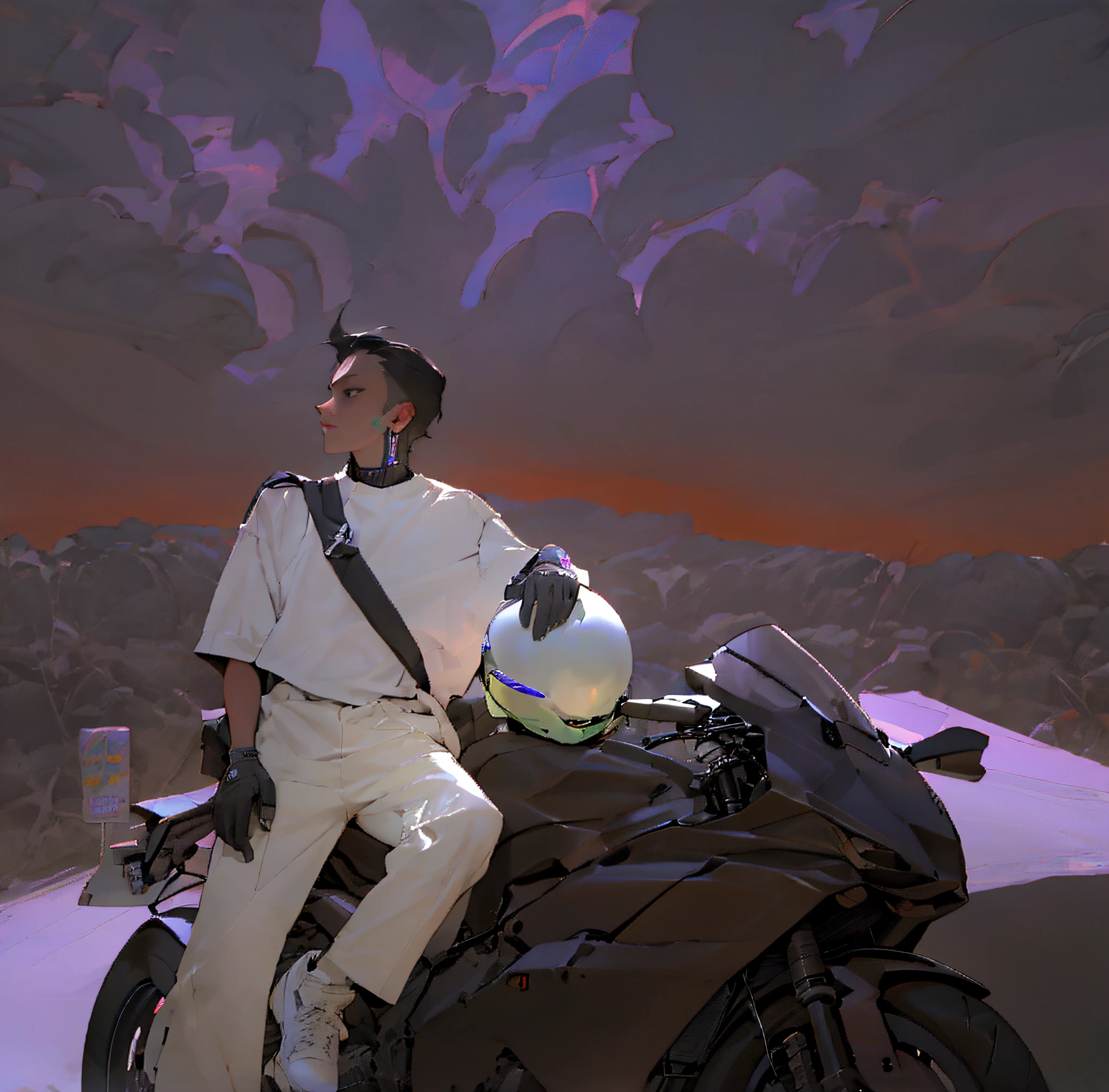 Sitting on a moto sports car on road with futuristic city as background, sitting on a futuristic moto sports car, sci-fi light effect moto sports car, sitting on a cyberpunk motorcycle, cyberpunk, white body modifier sitting on a black moto sports car with hands holding a helmet