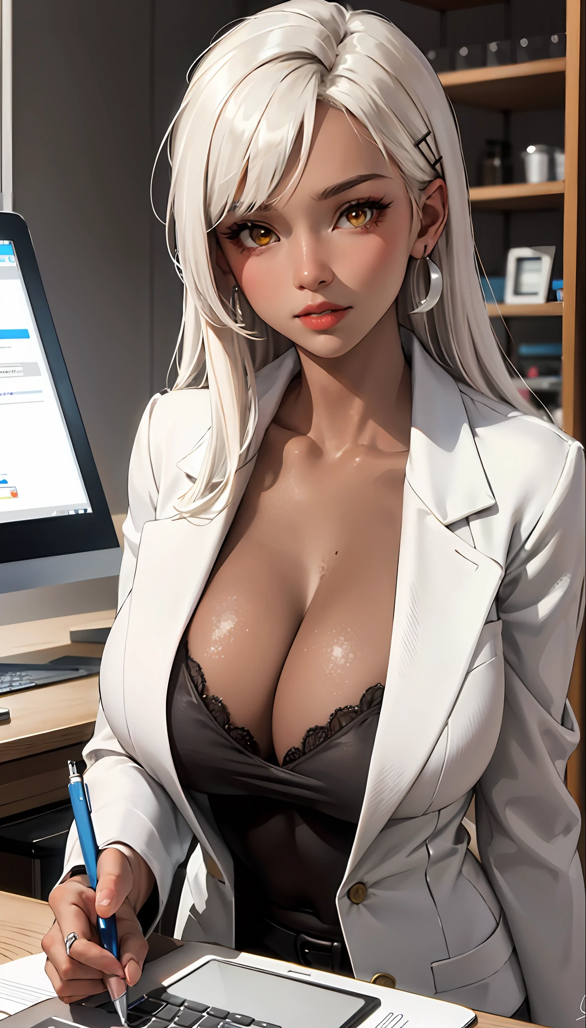 (Masterpiece,: 1.2, Best Quality),(1 Lady, Solo, Upper Body: 1.2) Brown skin, long white hair Clothing: White coat, Accessories: Hairpins, Signature pen pinned to chest Hair: Long white hair Makeup: Natural, glowing skin, brown skin Behavior: Relax, stare at the computer screen Location: Chemistry lab, at the table, very huge breasts, brown-yellow eyes, brown skin