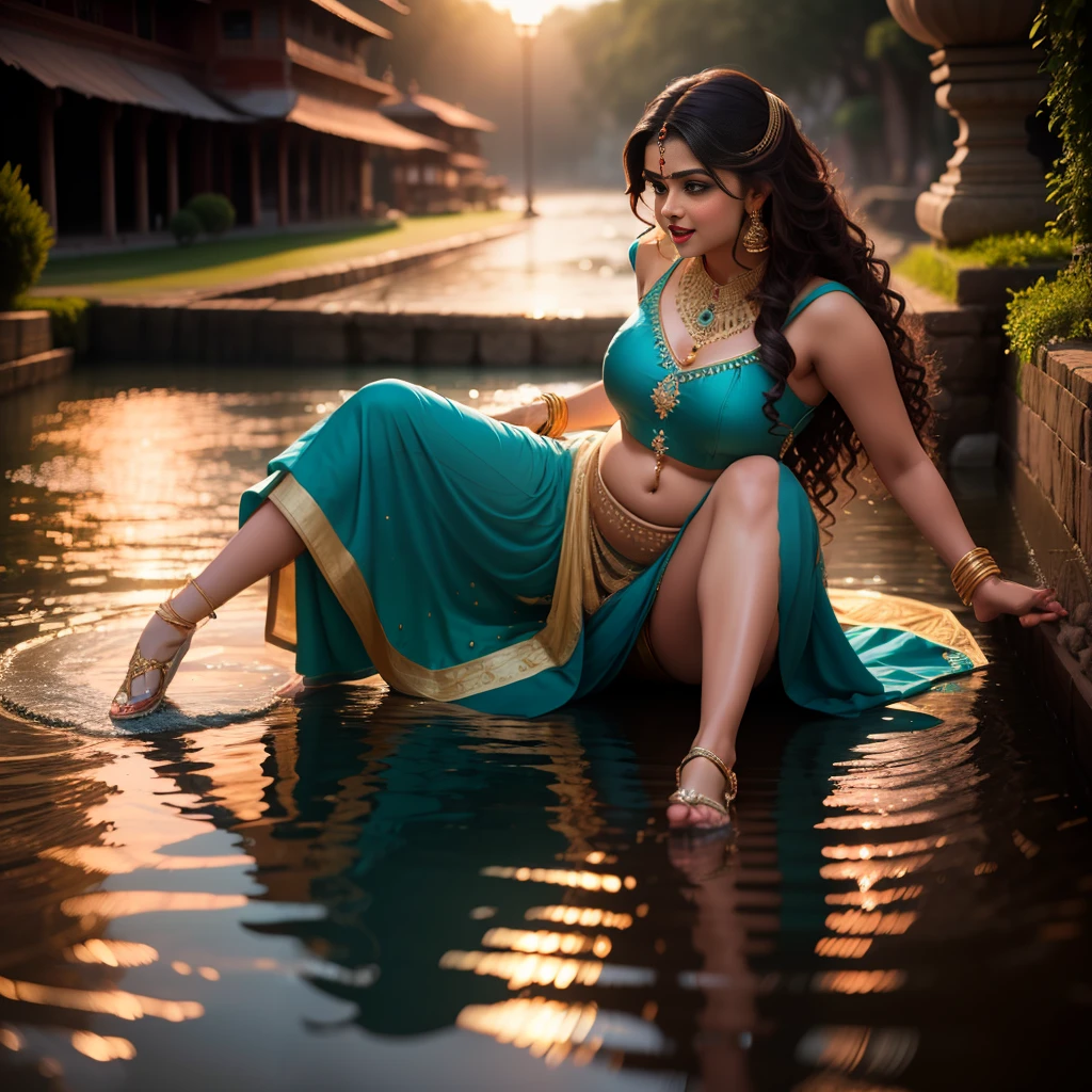 (masterpiece), best quality, extremely detailed, ultra high resolution, vibrant and colorful, 8K wallpaper of a beautiful Indian girl dancing in the river, dressed in a belly dancer dress with intricate, long curly hair, red lips, sexy more adorable face, 8k, cinematic