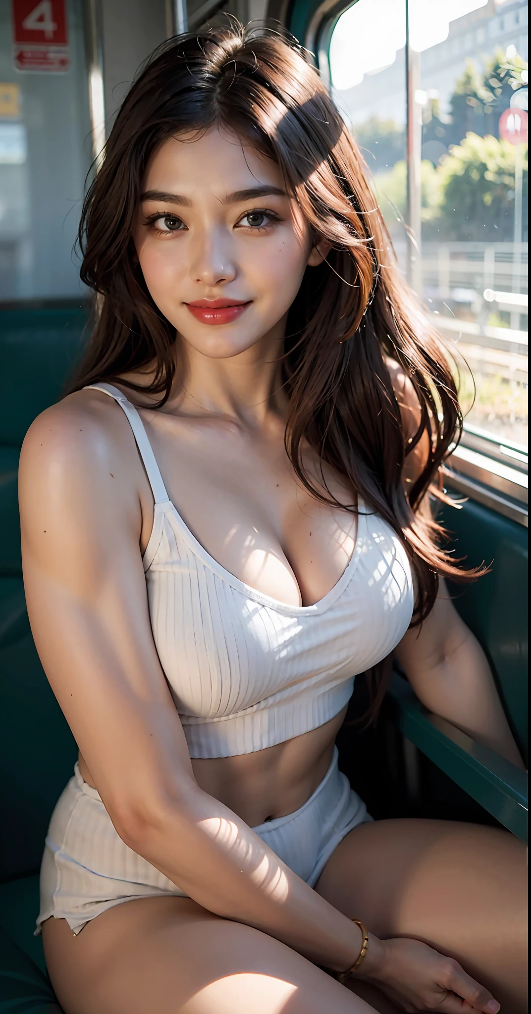 best quality, ultra high res, photoshoot, (photorealistic:1.4), 1girl, caucasian, bodybuilder girl, 
 Sitting in train, wearing beautiful outfit, (light brown hair:1), looking at viewer, smiling, cute, full body, (slim legs:1),out door,detailed eyes,detailed face,kpop idol,huge ass,light smile