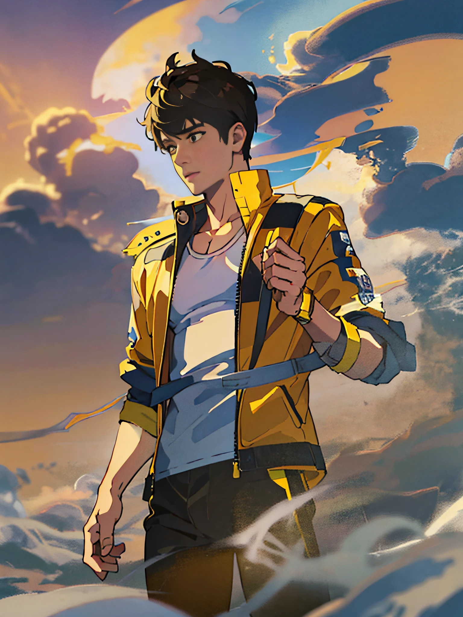 1boy, (yellow) one-piece with short hair, white son holding Go high in his right hand, giant Go board background, surrounded by clouds and mist, like a fairyland
