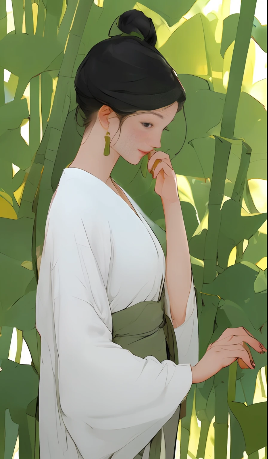 A girl, full body, cyan | Bühler dress, standing, flower, bamboo, bamboo forest