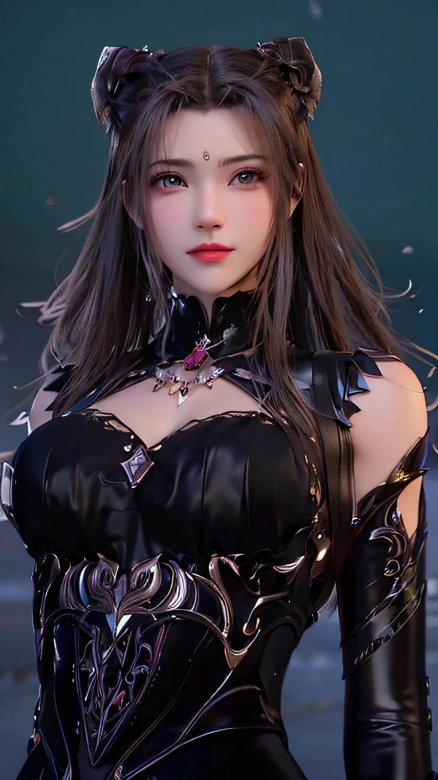a close-up of a woman dressed in black posing for a photo, Artgerm; 3D Unreal Engine, smooth anime CG art, 8K high quality detail art, 3D rendered character art 8K, extremely detailed art, portrait knight of zodiac girl, fantasy art style, 2. 5 D CGI Anime Fantasy Art, Gothic Shoujo Anime Girl, ((Need for Beauty)), ((Feminine and Sexy)), ((Perfect Face)), ((Delicate Facial Features)), ((Beautiful Eyes, Meticulous Depiction, Close-up)), ((Pointed Nose))