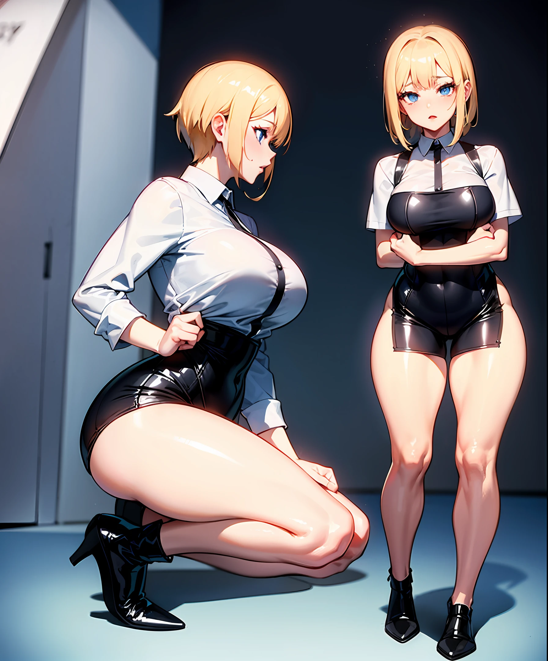 Strong woman, blue eyes, thick legs, short clothes,
