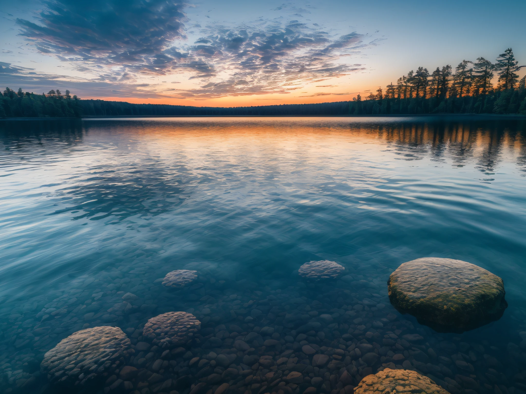 summer, lake, dawn, forest, detailed forest, cloud, masterpiece, cinematic, soft light, depth of field, dynamic lighting, reflection underwater, realism, photorealistic