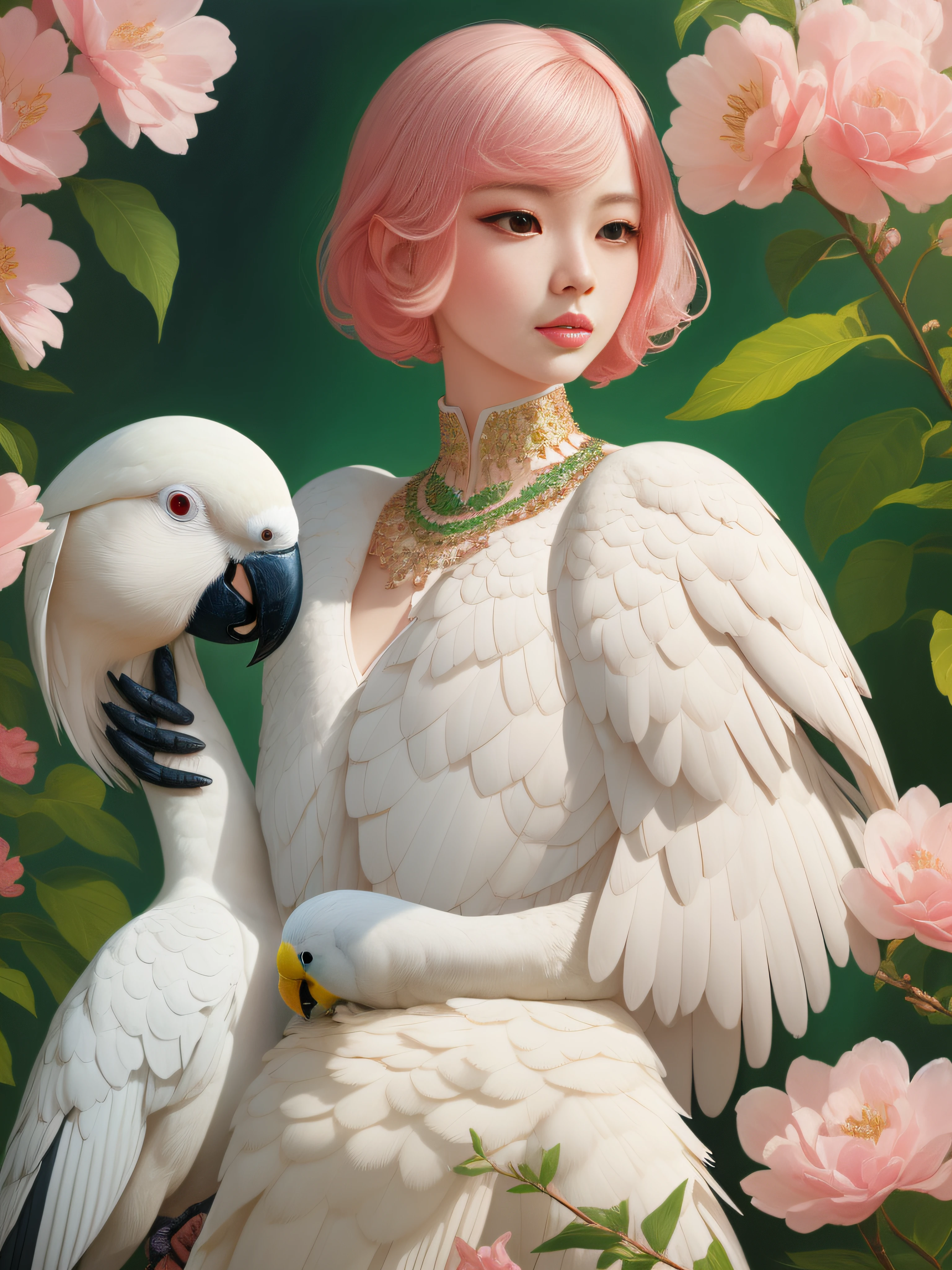 A fashion magazine, Hyperrealistic oil painting, (a pure white parrot), Short hair neutral woman, pink and emerald, Plants cover the background, style of artist hsiao-ron cheng, shiny hair, cowboy shot, Art Deco, Verism, bloom, award winning, retina