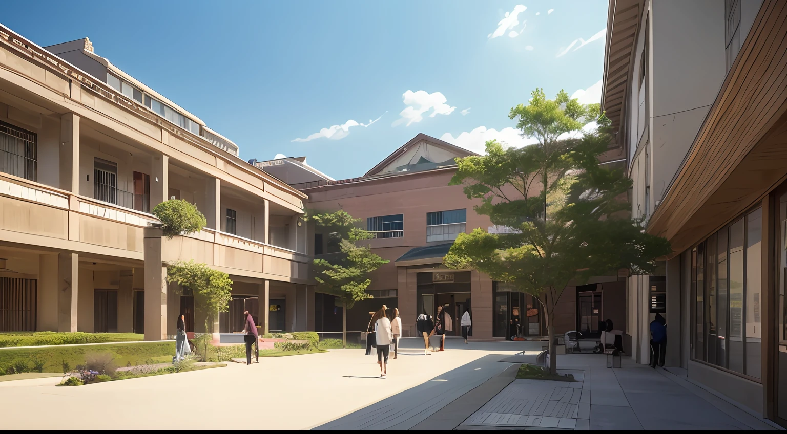 there are many people walking around a building with a tree, highschool background, anime scene, japanese high school, anime scenery, anime background, anime background art, style of makoto shinkai, in style of makoto shinkai, anime countryside landscape, detailed scenery —width 672, school courtyard, beautiful anime scenery, anime movie background --auto