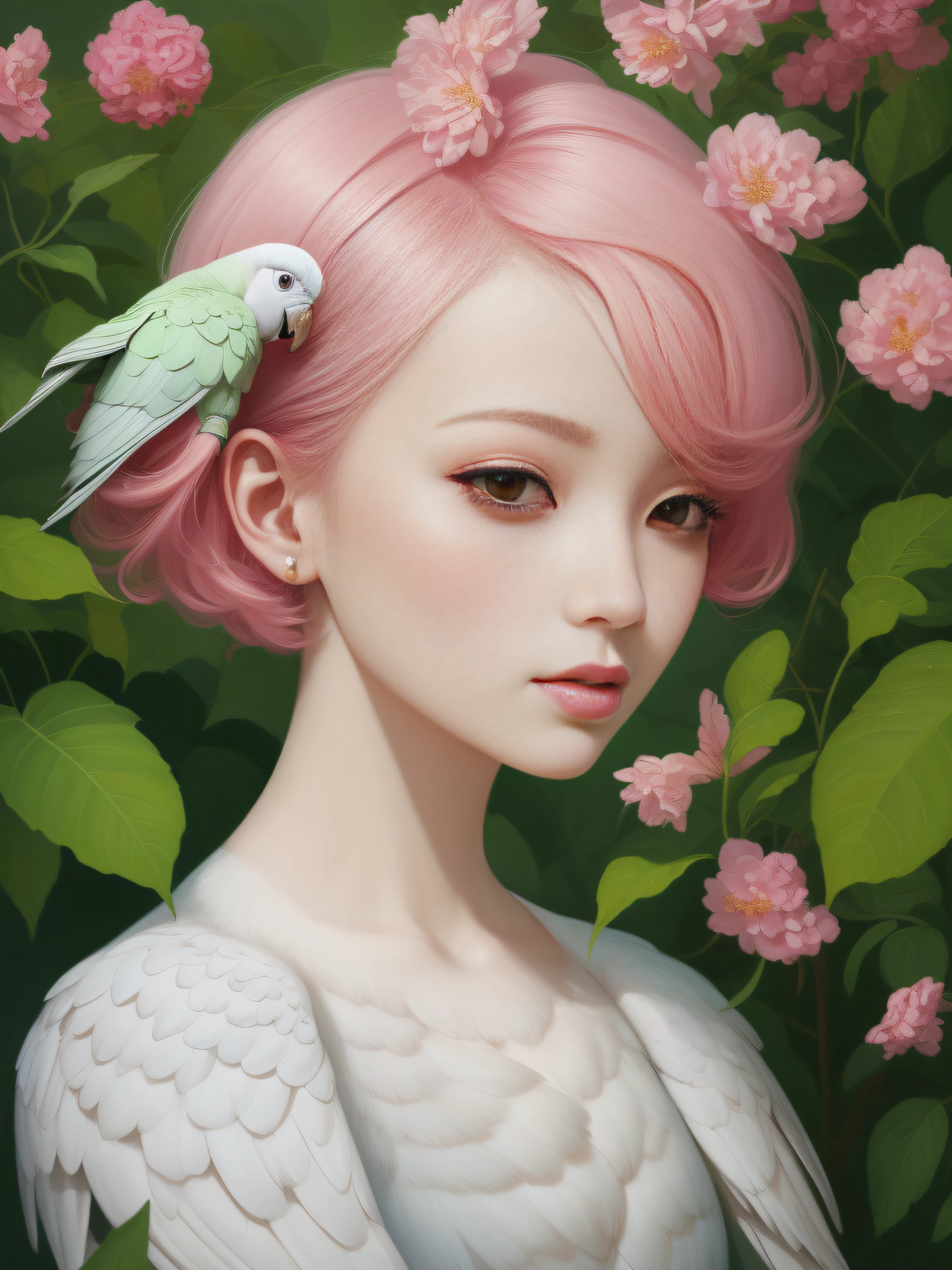 A fashion magazine, Hyperrealistic oil painting, (a pure white parrot), Short hair neutral woman, pink and emerald, Plants cover the background, style of artist hsiao-ron cheng, shiny hair, cowboy shot, Art Deco, Verism, bloom, award winning, retina