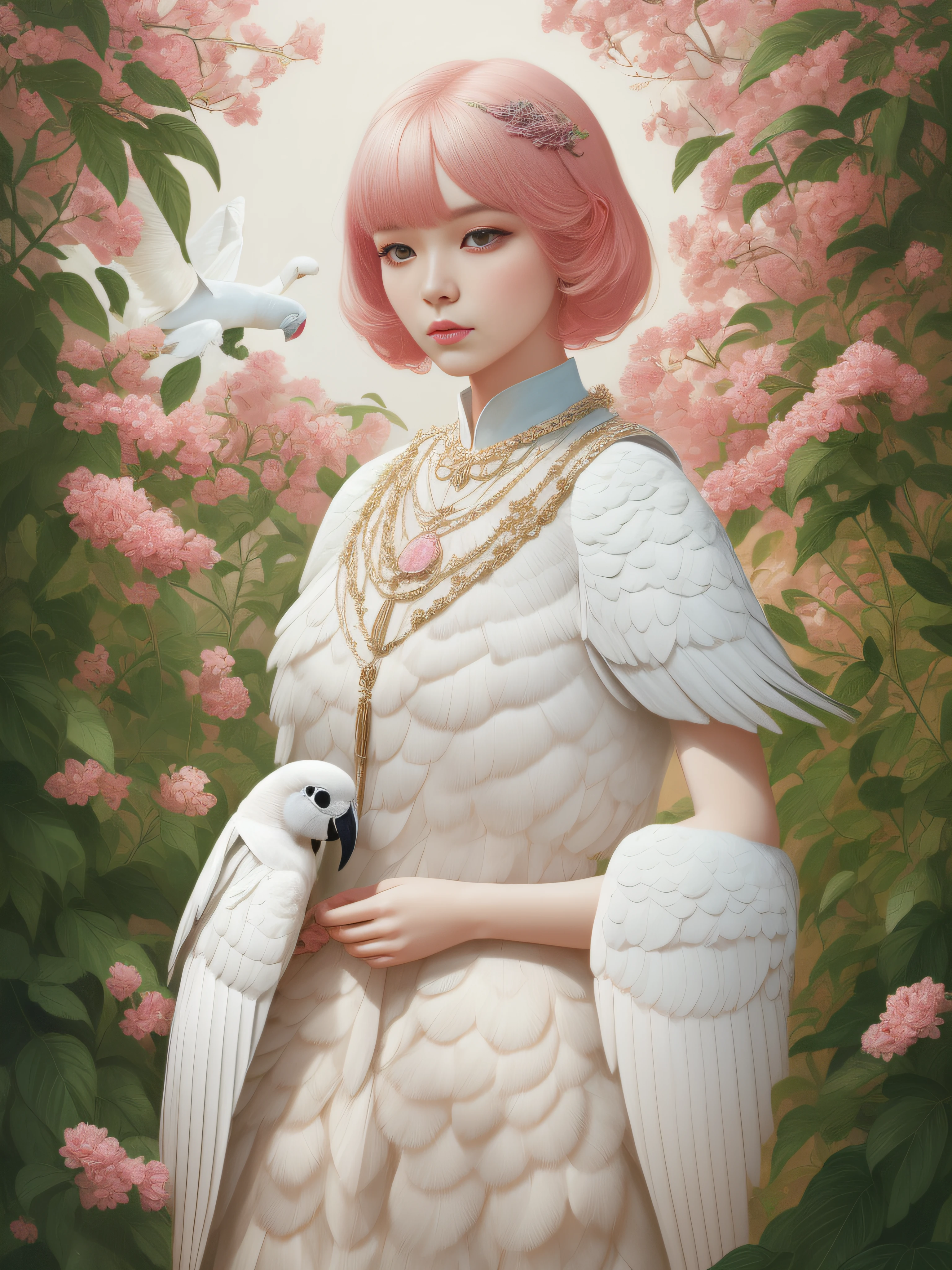 A fashion magazine, Hyperrealistic oil painting, (a pure white parrot), Short hair neutral woman, pink and emerald, Plants cover the background, style of artist hsiao-ron cheng, shiny hair, cowboy shot, Art Deco, Verism, bloom, award winning, retina
