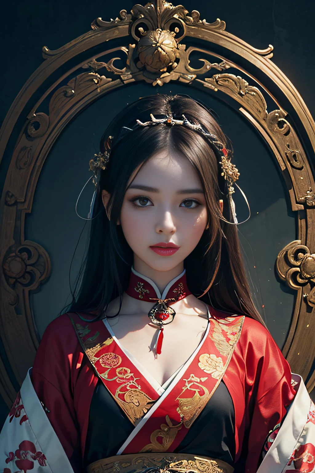 Official Art, Unity 8k wallpaper, super detailed, beautiful, beautiful, masterpiece, best quality,
dark, atmospheric, mystical, romantic, creepy, literature, art, fashion, ming and qing dynasties, decoration, intricate, ironwork, embroidery, contemplation, emotional depth, supernatural, hanfu
1 girl, solo, neck, bust composition