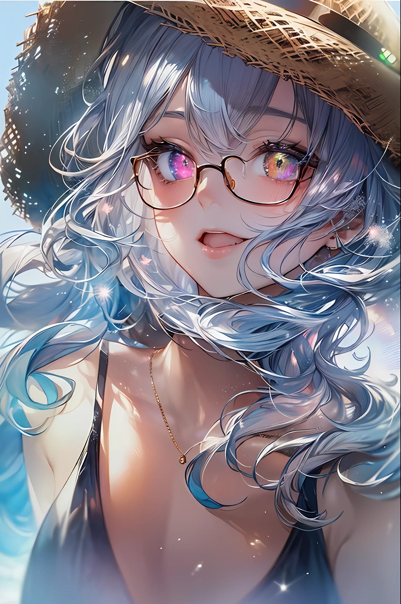((Masterpiece, Top Quality, Watercolor Art (Pendant), Official Art, Beautiful and Aesthetic: 1.2)), (Golden Ratio: 1.2), (Full Body: 1.2), (Ultra Detail: 1.3), (1 Girl: 1.3), (Fractal Art: 1.3), Full Body, (Glitter Pupil)), Pattern, (iridescent hair, colorful hair, half blue and half pink hair: 1.2)), Colorful, (Glasses), Writing, ( Heterochromia), (Colorful: 1.5), (Swimsuit)), (((Straw Hat)), Sea, Beach, Sunny Sky, ((Embarrassed Face)), ((Micro Bikini)), (Standing), (Hyper Detail), ((Delicate Detail)), (Complex Detail), ((Cinematic Light, Top Quality Backlight)), High Contrast, (Best Lighting, Very Delicate and Beautiful)), (( Cinematic light)), (ray-traced reflection, glow), (((glowing aura)), (glowing hair)), ((super detail)), ((8K)), (((close-up))