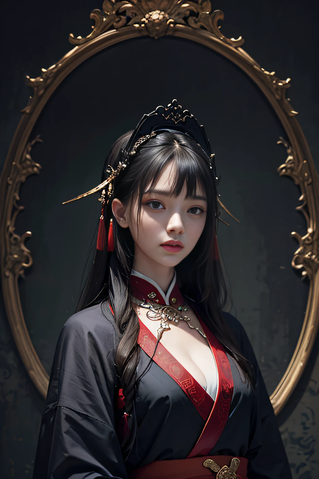 Official Art, Unity 8k wallpaper, super detailed, beautiful, beautiful, masterpiece, best quality,
dark, atmospheric, mystical, romantic, creepy, literature, art, fashion, ming and qing dynasties, decoration, intricate, ironwork, embroidery, contemplation, emotional depth, supernatural, hanfu
1 girl, solo, neck, bust composition