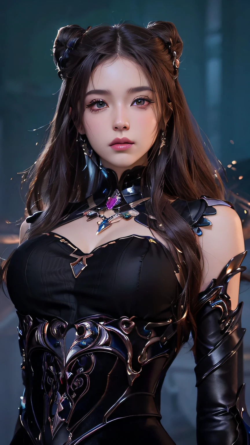 a close-up of a woman dressed in black posing for a photo, Artgerm; 3D Unreal Engine, smooth anime CG art, 8K high quality detail art, 3D rendered character art 8K, extremely detailed art, portrait knight of zodiac girl, fantasy art style, 2. 5 D CGI Anime Fantasy Art, Gothic Shoujo Anime Girl, ((Need for Beauty)), ((Feminine and Sexy)), ((Perfect Face)), ((Delicate Facial Features)), ((Beautiful Eyes, Meticulous Depiction, Close-up)), ((Pointed Nose))