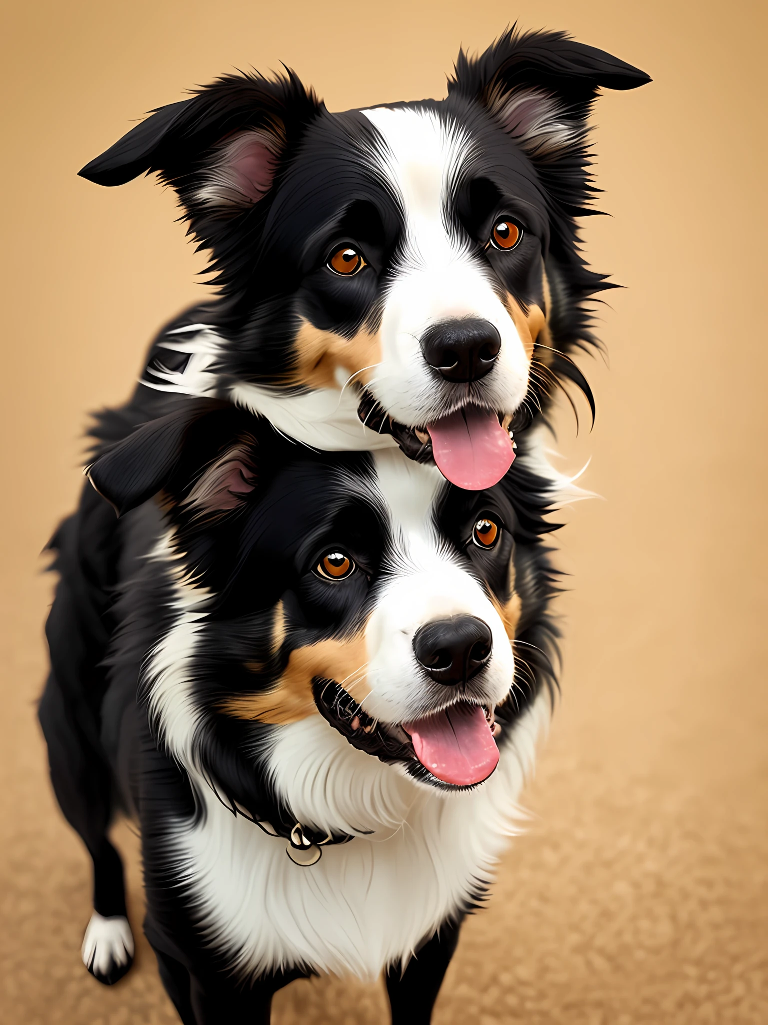 Create a 3d logo containing a border collie dog in high definition in black, gold and silver. Cartoonish face smiling