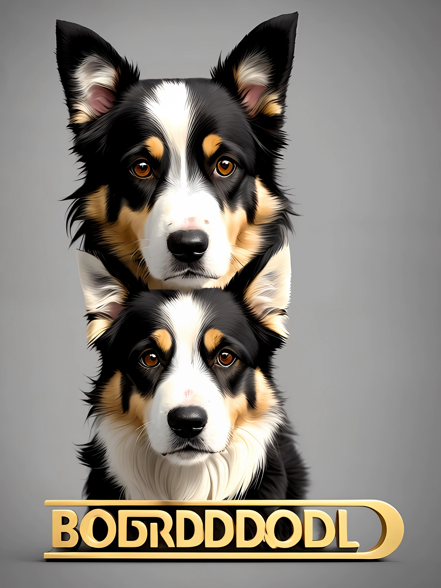 Create a 3d logo containing a border collie dog in high definition in black, gold and silver. Cartoonish face smiling