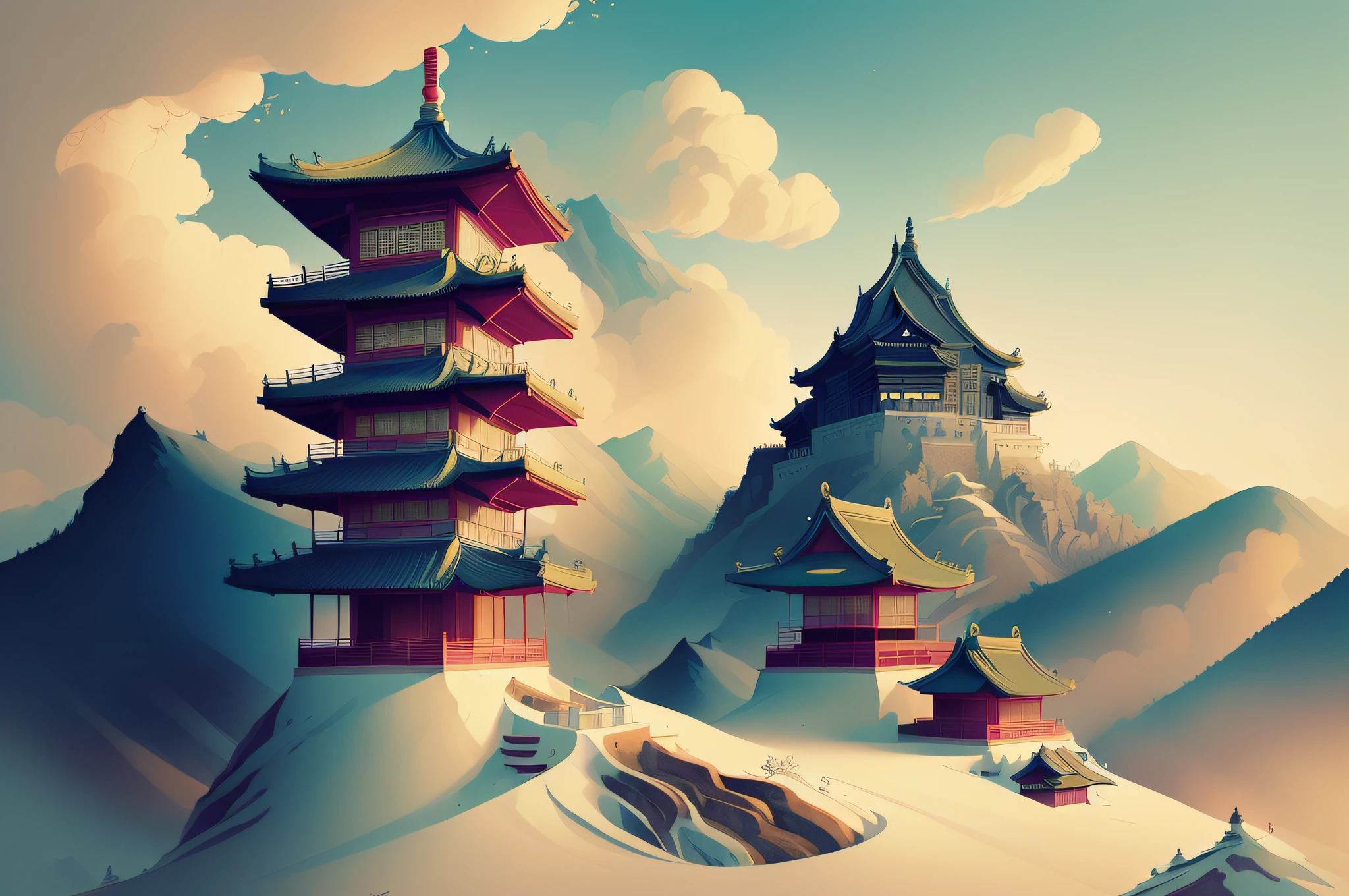 (Illustration: 1.3) Chinese-style buildings in the mountains (Artist Anna Dittman: 1), (((masterpiece))), (((best quality))), ((super detailed)),(detailed light), ((extremely gentle and beautiful))