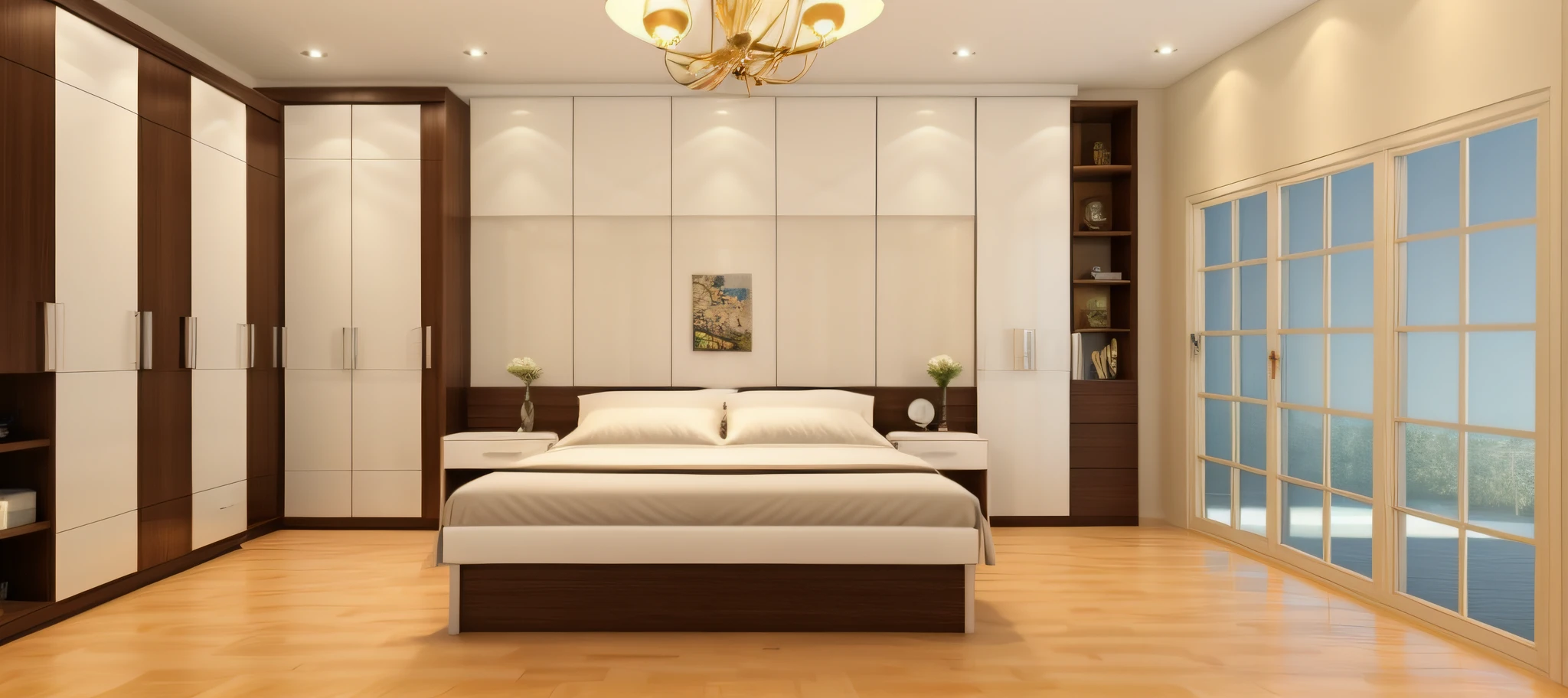 "Masterpiece, high quality, best quality, authentic, super detailed, interior, bedroom, 1 bed, 1 mirror, wardrobe, curtains, windows, white ceramic tile floor, carpet, modern style." --auto
