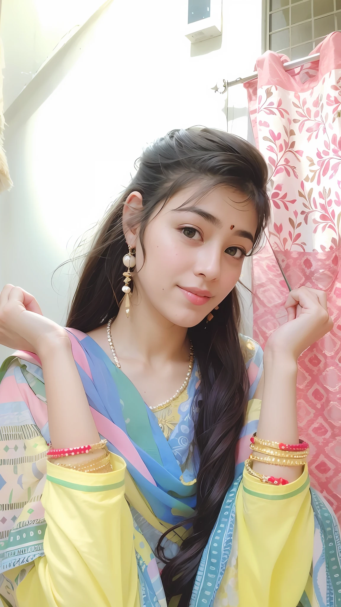 araffe woman in a yellow and blue sari holding a pink umbrella, very beautiful girl, cute beautiful, beautiful cute, with lovely look, young and cute girl, traditional beauty, attractive girl, 18 years old, candid picture, handsome girl, with a beautifull smile, innocent look, profile pic, very extremely beautiful, with accurate face
