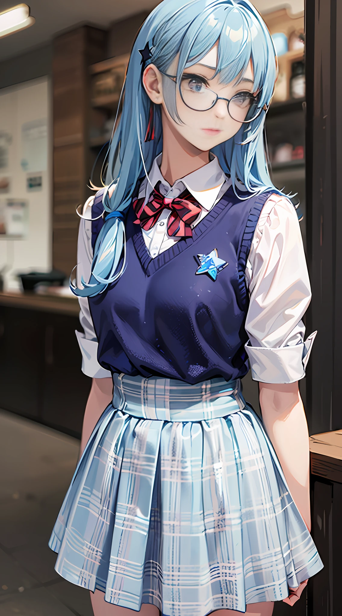 (Real Skin Texture 1.3) Light Blue Hair Purple Eyes Red Half-rim Glasses Star Hair Accessories Blue Sweater Vest White Shirt School Uniform Dark Blue Skirt White Stockings Simulation Photo Portrait