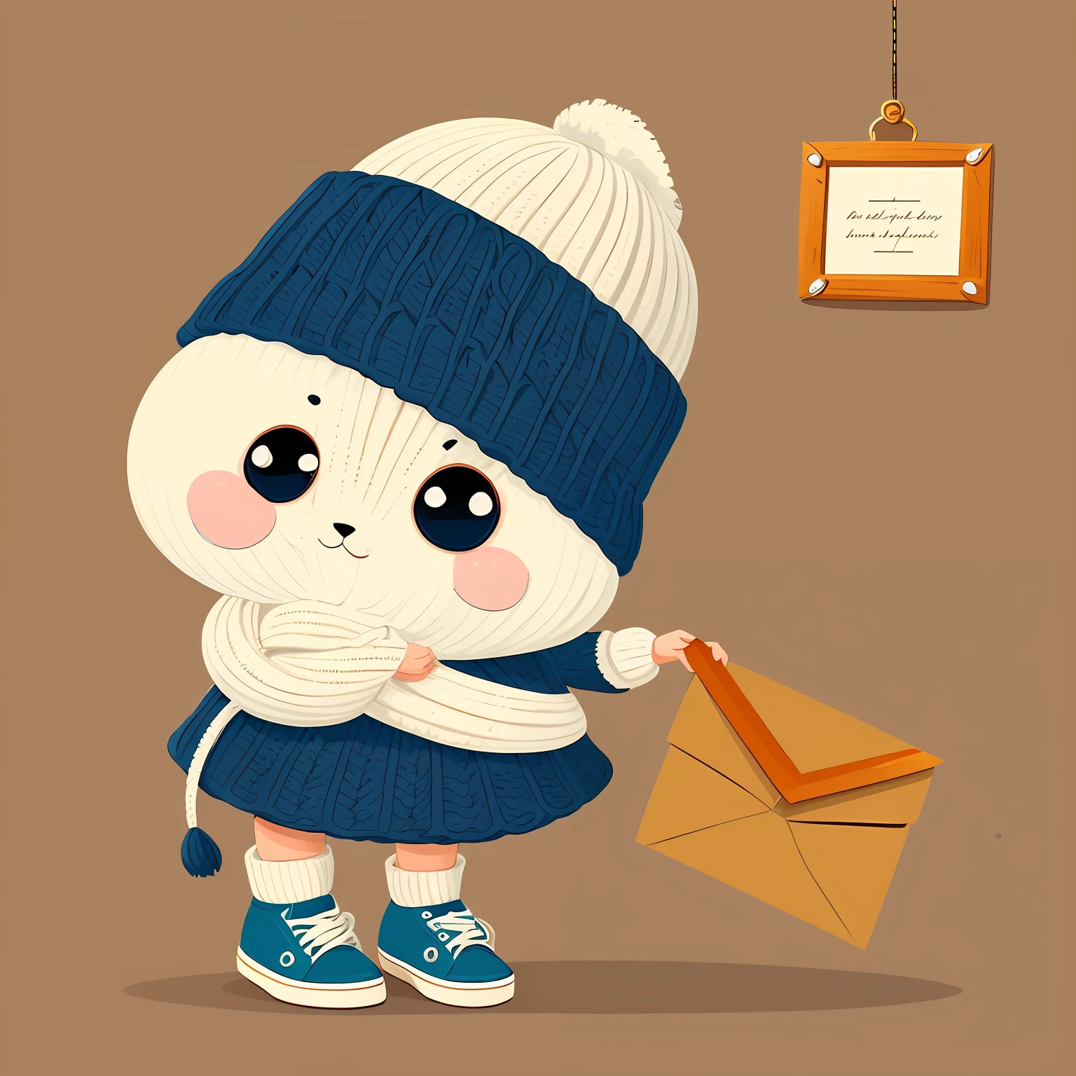 cute round creature with big eyes in a knitted hat and colored shoes holding a letter, flat image, vector illustration, white background, 2D, 4K --auto