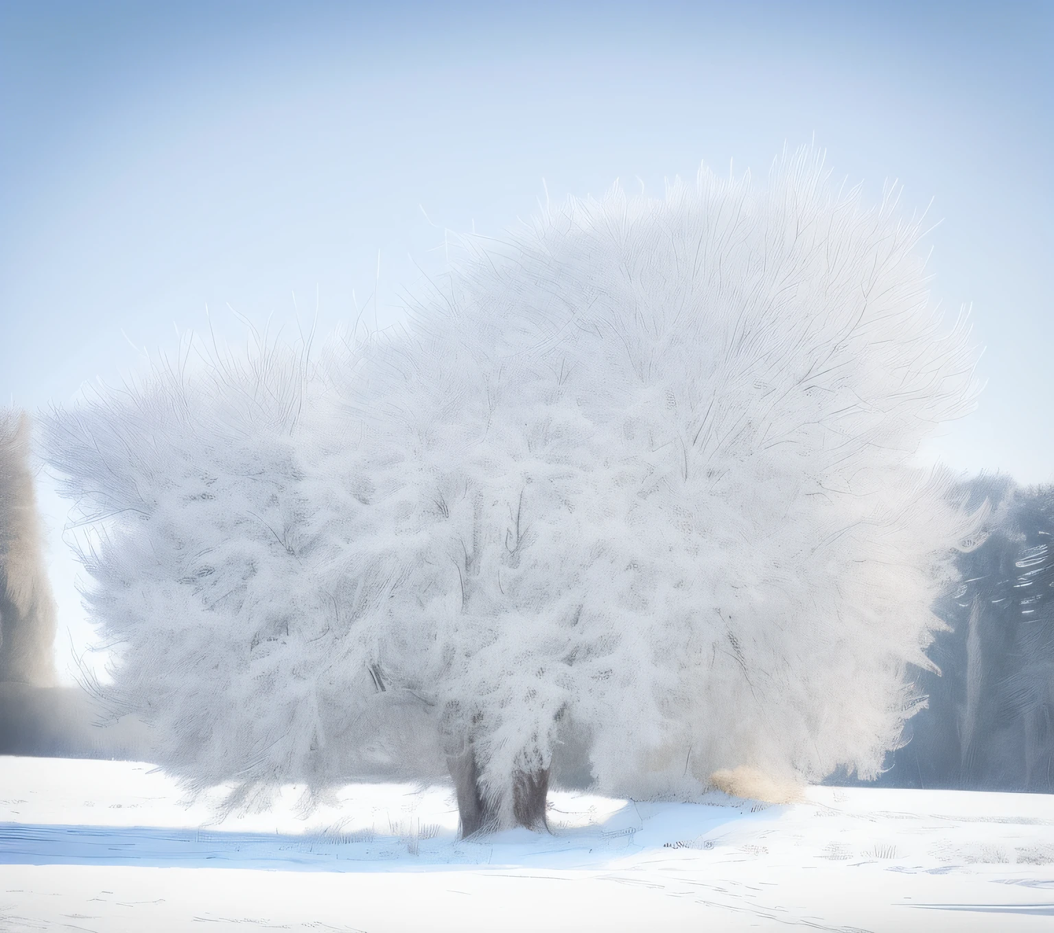 arafed tree in a snowy field with a blue sky, snow on trees and ground, covered with snow, winter in the snow, sunny winter day, winter landscape outside, beautiful snowy landscape, snowy trees, white snow, snow and ice, frost, cold snowy, outside winter landscape, snowy, giant white tree, winter snow, winter atmosphere, in winter, frosted