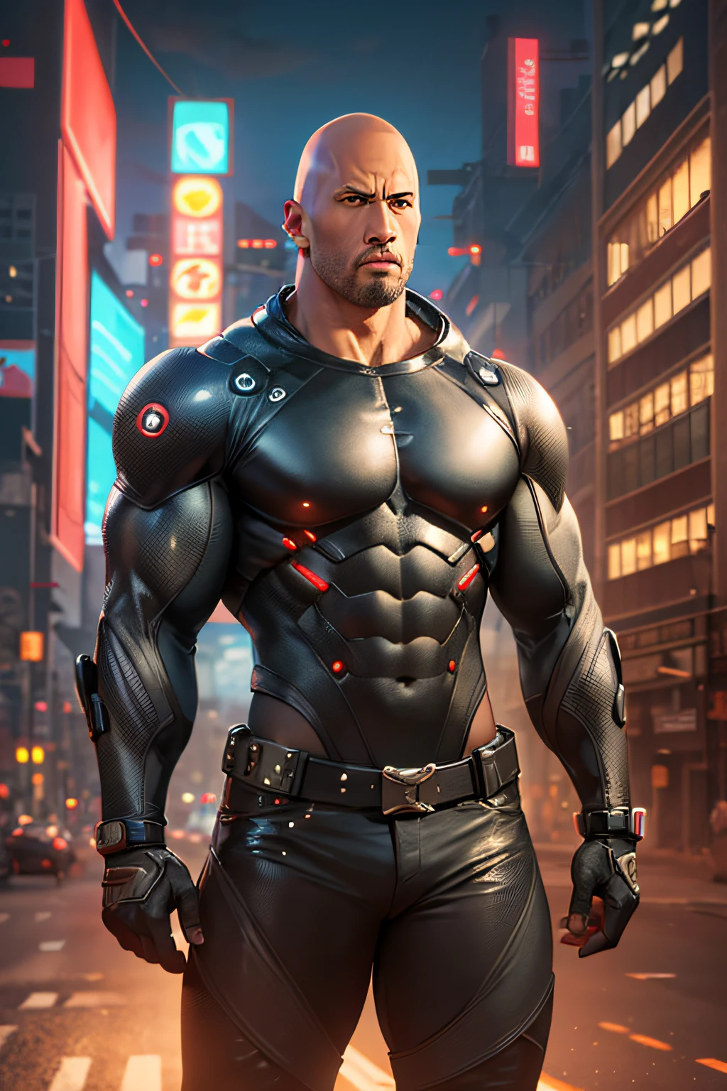 Masterpiece Cyberpunk Dwayne Johnson Super Agents Strong Front Bald Head Neon Night View Ultra Realistic 8K Photo Mechanical Body 4K, 8K, Ultra HD DSLR High Quality High Resolution