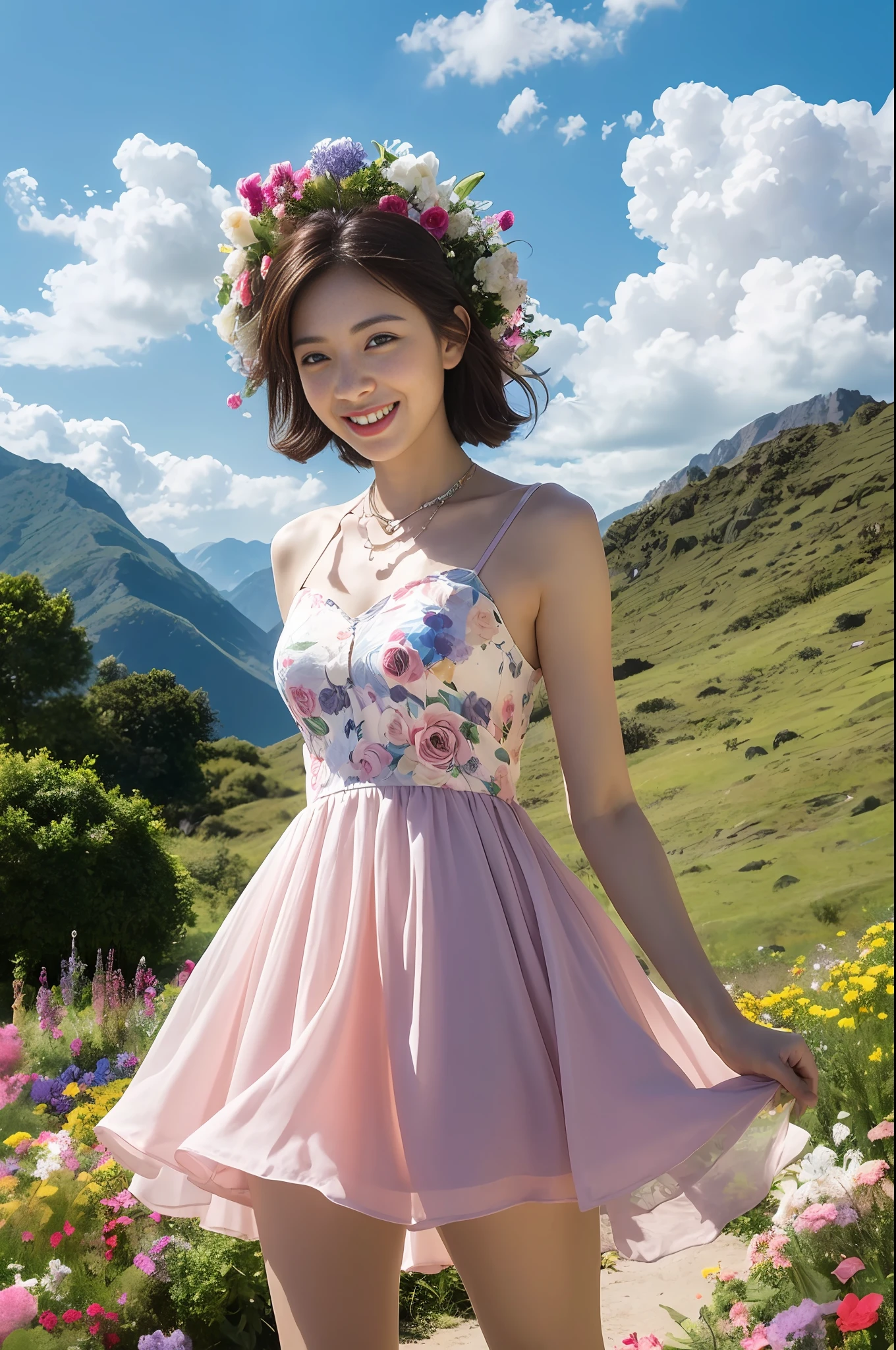 1 Girl, Dynamic Angle, Clouds and Mountains, (Flower Garden: 1.4) Foreground, White Dress, Light Tracing, (Floating Colorful Wind: 1) (Realistic: 1.4), Official Art, Unity 8k Wallpapers, Ultra Detail, Beautiful and Beautiful, Masterpiece, Best Quality, Glowing Skin, Movie Lighting, Light Smile, Necklace, Korean Women
