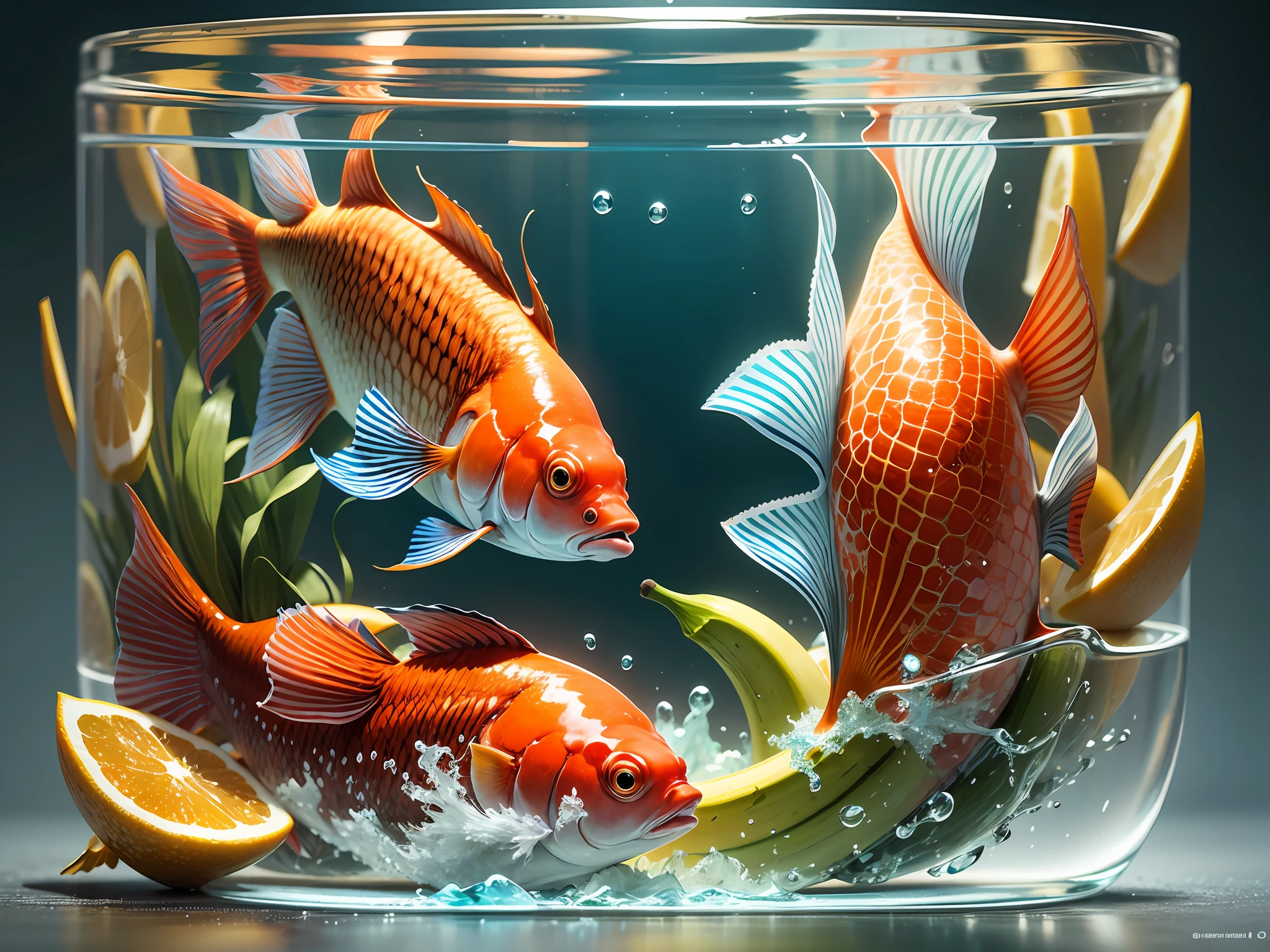 Orange fish on blue background, in the style of sensory experience, orange and aquamarine, clear edge definition, elaborate fruit arrangements, xbox 360 graphics, sparkling water reflections, trompe l'oeil illusions, bananas --auto --s2