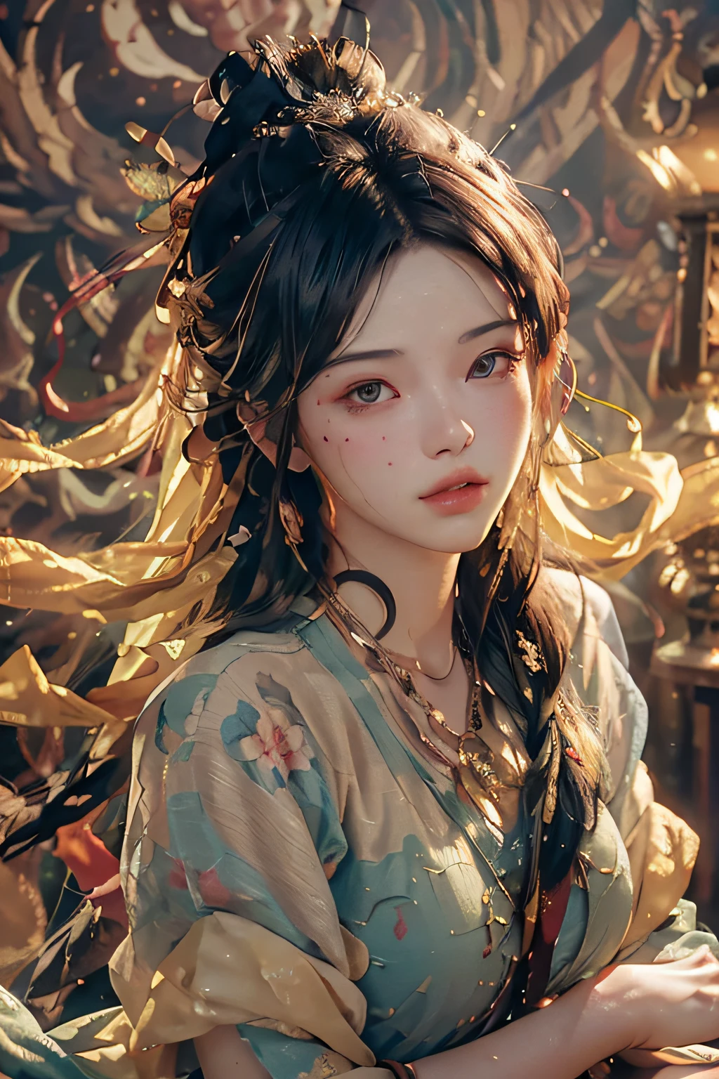 (RAW photo, best quality), (realistic, photo-realistic:1.3),best quality,highly detailed,masterpiece,ultra-detailed,illustration,1girl,upper_body,dynamic angle,world masterpiece theater,messy_long_hair,best quality,extremely detailed CG unity 8k wallpaper,ink,Amazing,cinematic lighting,lens_flare, dunhuang_style