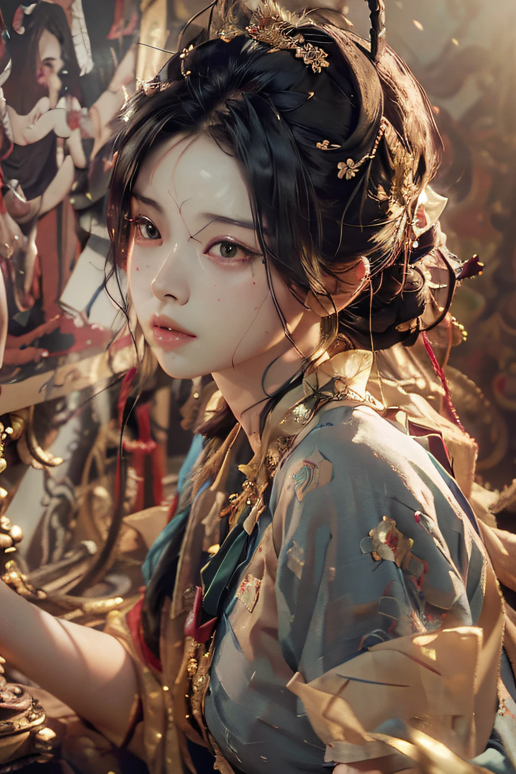 (RAW photo, best quality), (realistic, photo-realistic:1.3),best quality,highly detailed,masterpiece,ultra-detailed,illustration,1girl,upper_body,dynamic angle,world masterpiece theater,messy_long_hair,best quality,extremely detailed CG unity 8k wallpaper,ink,Amazing,cinematic lighting,lens_flare, dunhuang_style