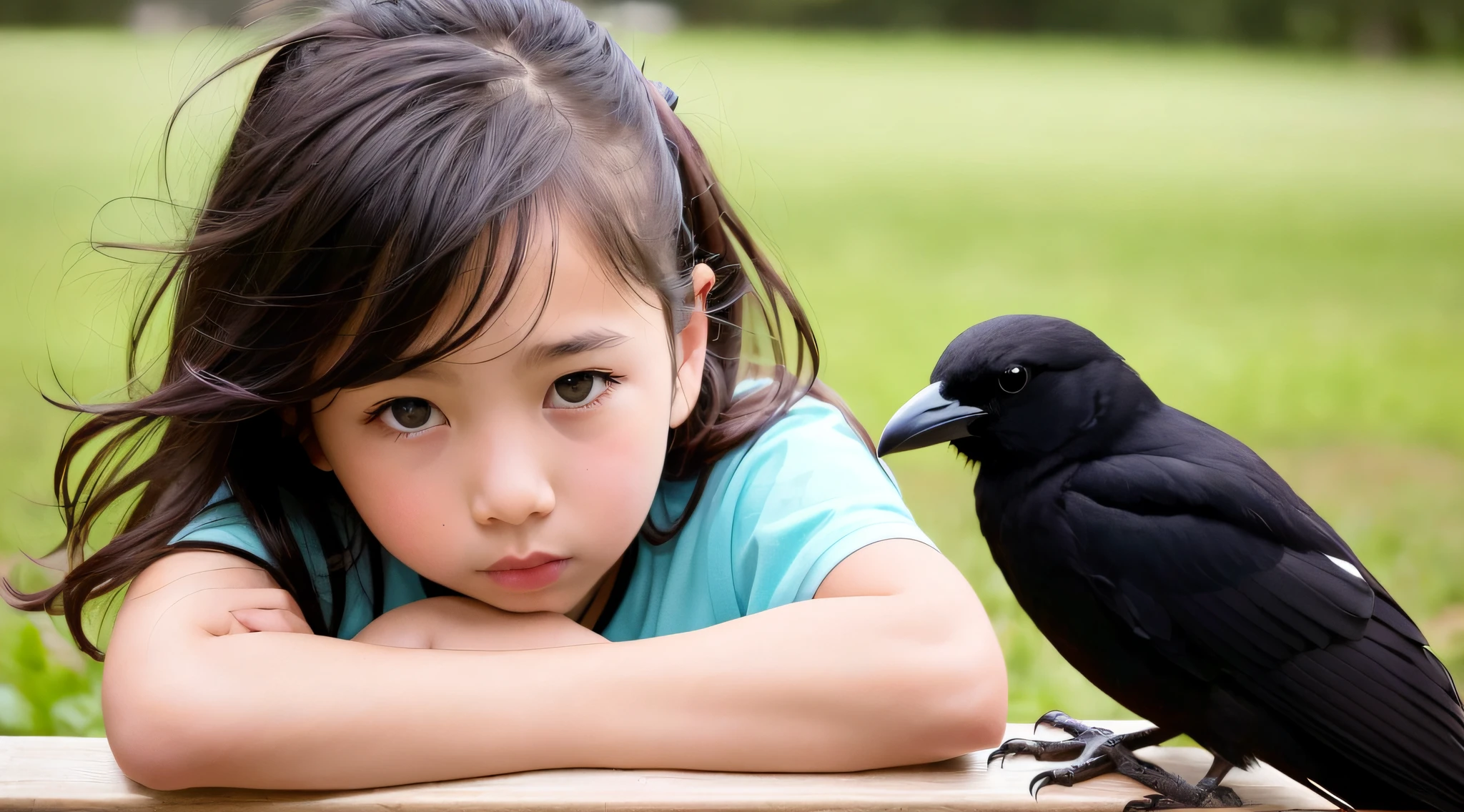 CHILD girl with a black bow and a black dress, girl with dark brown hair, girl with brown hair, black hair ribbons, a beautiful -age l, wearing hair bow, young girl, brown hair and big eyes, half-length photo, photo of young woman, young, beautiful girl, she is about 1 6 years oe is a black bird sitting on a wooden rail, long shiny thick black beak, closeup of a crow, cute crows, crows as a symbol of death, crow, crow bird, magpie, crow portrait!!!, black crow, dark crow, is looking at a bird, crows, male, crow, beautiful photo, closeup portrait shot, proud looking away, by Paul Bird