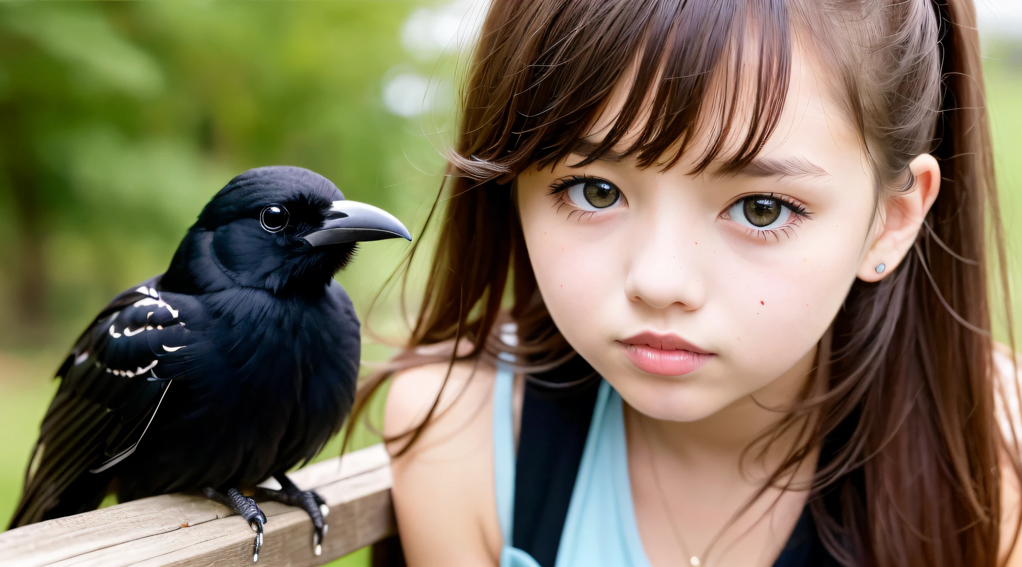 CHILD girl with a black bow and a black dress, girl with dark brown hair, girl with brown hair, black hair ribbons, a beautiful -age girl, wearing hair bow, young girl, brown hair and big eyes, half-length photo, photo of young woman, young, beautiful girl, she is about 1 6 yehere is a black bird sitting on a wooden rail, long shiny thick black beak, closeup of a crow, cute crows, crows as a symbol of death, crow, crow bird, magpie, crow portrait!!!, black crow, dark crow, is looking at a bird, crows, male, crow, beautiful photo, closeup portrait shot, proud looking away, by Paul Bird