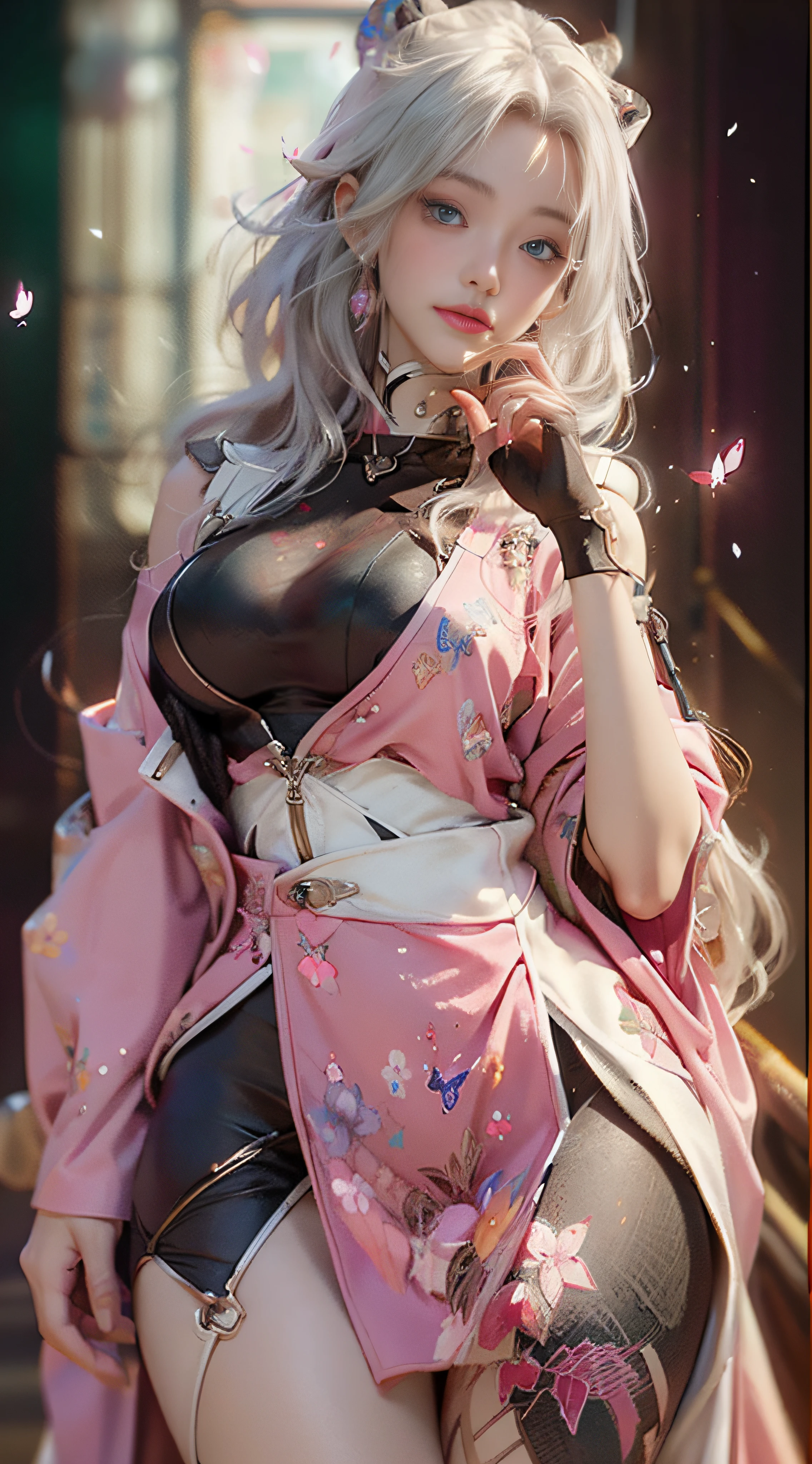 ((Best Quality)), ((Masterpiece)), (Detail: 1.4), 3D, Beautiful Cyberpunk Female Image, HDR (High Dynamic Range), Ray Tracing, NVIDIA RTX, Super Resolution, Unreal 5, Subsurface Scattering, PBR Texture, Post-Processing, Anisotropic Filtering, Depth of Field, Maximum Sharpness and Sharpness, Multi-layer Texture, Albedo and Highlight Mapping, Surface Coloring, Mitsu-Accurate Simulation of Material Interactions, Perfect Proportions, Octane Rendering, Two-color Light, Large Aperture, Low ISO, white balance, regular three-point, 8K RAW, beautiful bright pupils, flowing robe, fine pupils, delicate face and eyes, long eyelashes, blush, fluffy hair, pink lips, pure, cute, cherry blossom petals falling, butterfly