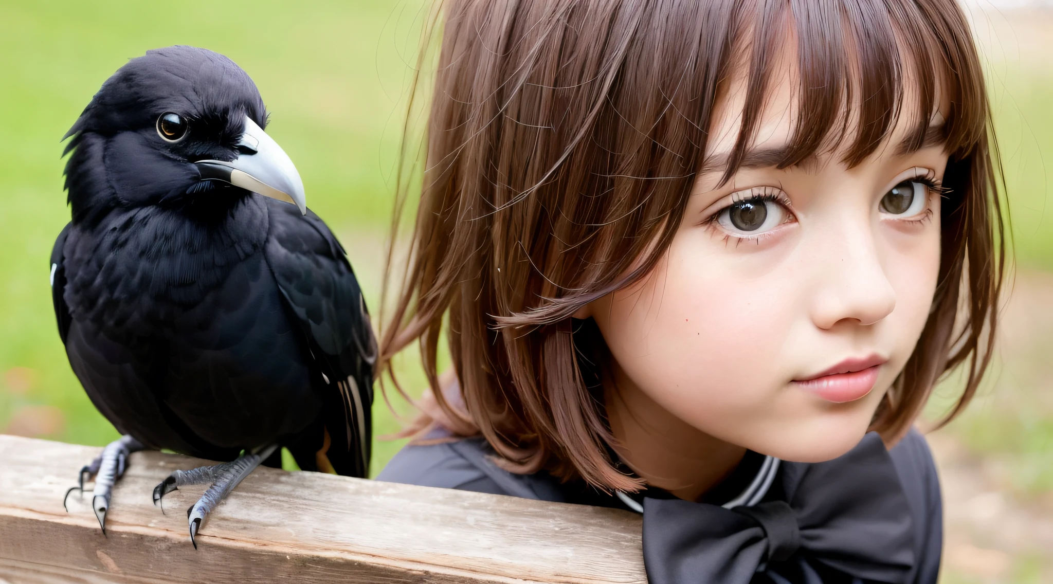 CHILD girl with a black bow and a black dress, girl with dark brown hair, girl with brown hair, black hair ribbons, a beautiful teen-age girl, wearing hair bow, young girl, brown hair and big eyes, half-length photo, photo of young woman, young, beautiful girl, she is about 1 6 years old, there is a black bird sitting on a wooden rail, long shiny thick black beak, closeup of a crow, cute crows, crows as a symbol of death, crow, crow bird, magpie, crow portrait!!!, black crow, dark crow, is looking at a bird, crows, male, crow, beautiful photo, closeup portrait shot, proud looking away, by Paul Bird