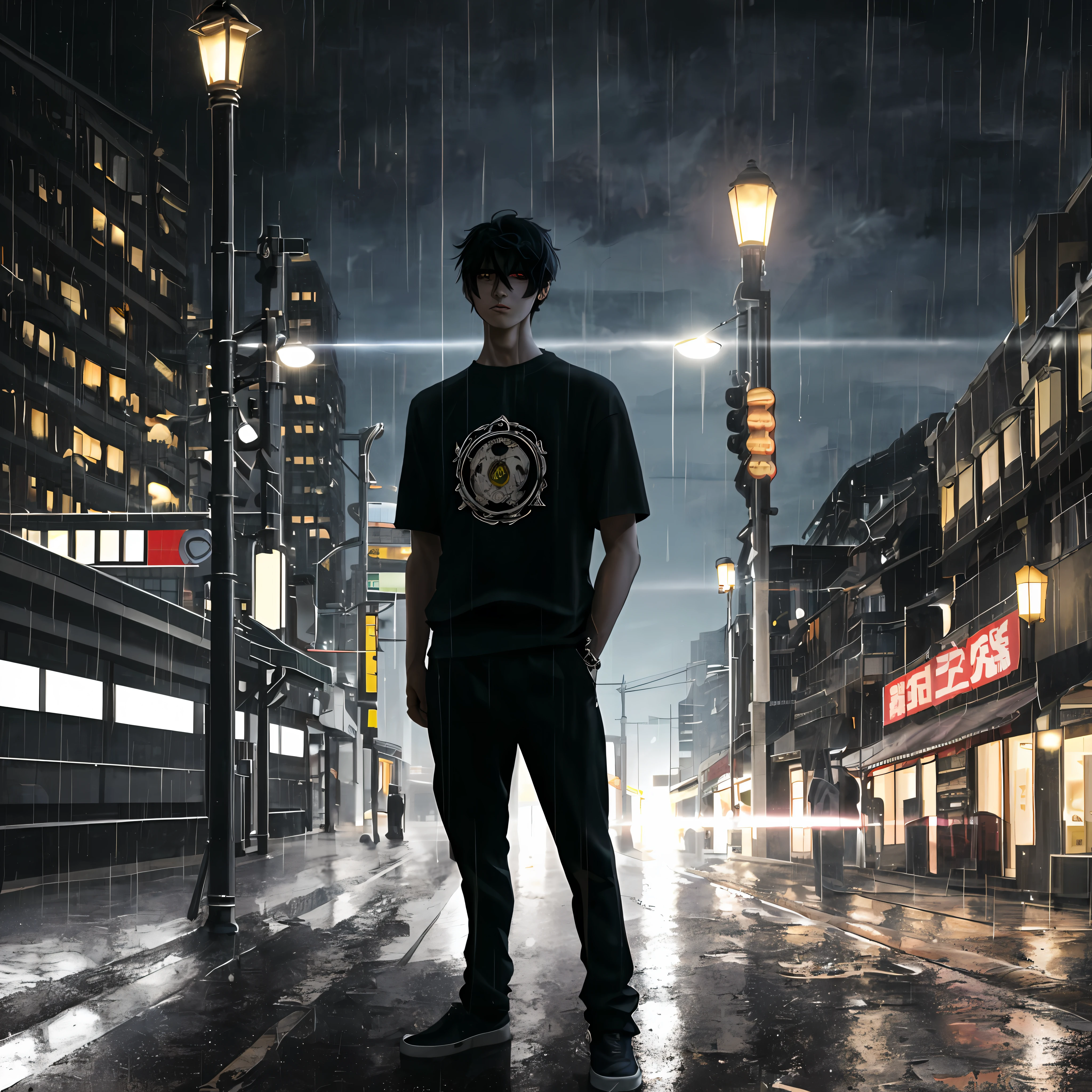 The boy, Short black hair, Sweatshirt T-shirt, Stand at the bus stop, ame, puddles, Reflection of a building in a puddle, Lonely street lamp, dramatic lights, dark sky, Yellow pleasant lantern light, high-detail, decadent, night, raining, rainy evening, The sky is dark, The feathers on both sides of the head are as black as ink, as if they were like a turban, Above the bridge of the tall nose are a pair of blackened eye circles, It seems that the whole person has not had a good rest, But the eyes are very determined, As if nothing could completely defeat him., black hair, hollow eyes, scowl, serious, yandere, anime style, chiaroscuro, character chart, first-person view, UHD, masterpiece, ccurate, highres, 8k --auto --s2