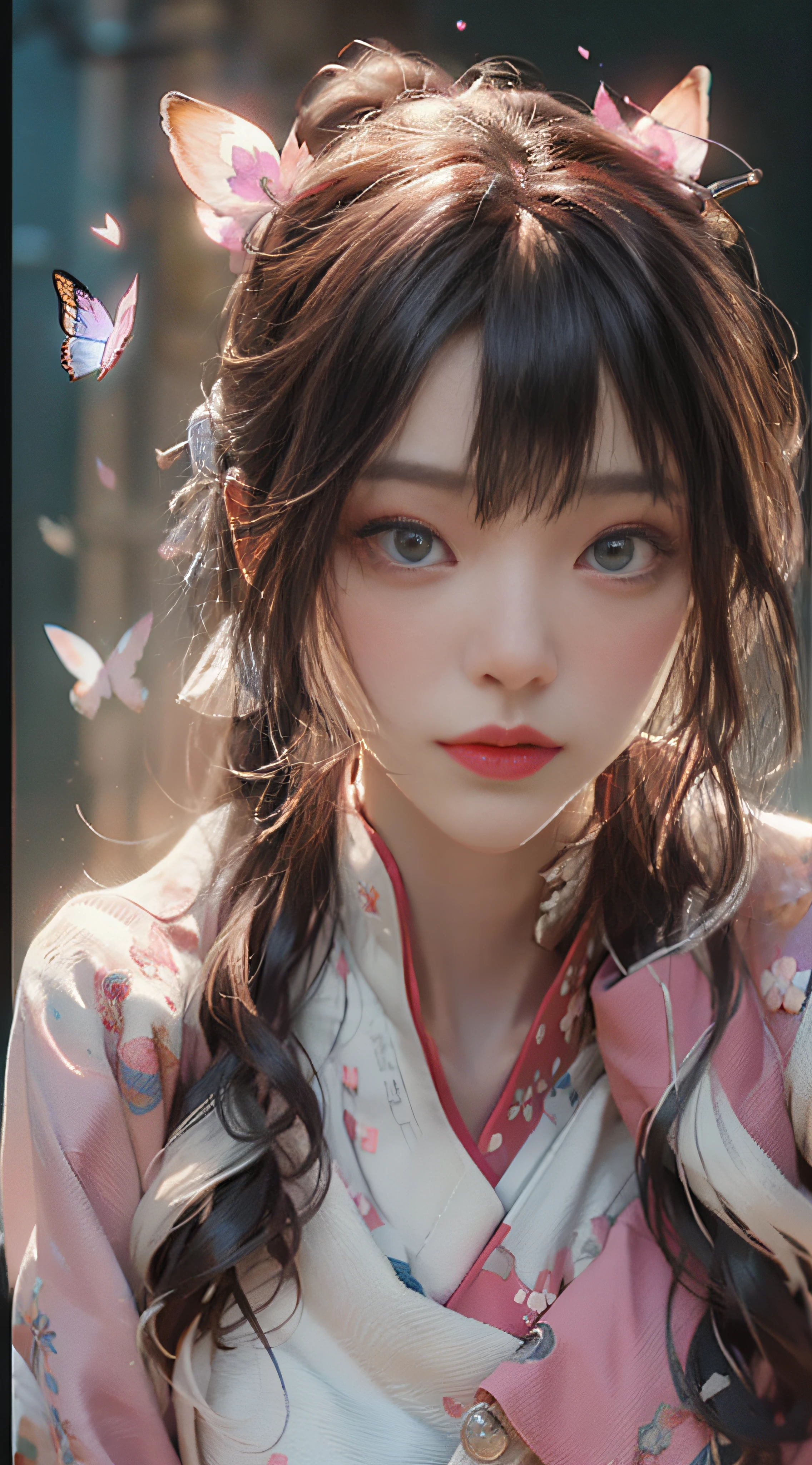 ((Best Quality)), ((Masterpiece)), (Detail: 1.4), 3D, Beautiful Cyberpunk Female Image, HDR (High Dynamic Range), Ray Tracing, NVIDIA RTX, Super Resolution, Unreal 5, Subsurface Scattering, PBR Texture, Post-Processing, Anisotropic Filtering, Depth of Field, Maximum Sharpness and Sharpness, Multi-layer Texture, Albedo and Highlight Mapping, Surface Coloring, Mitsu-Accurate Simulation of Material Interactions, Perfect Proportions, Octane Rendering, Two-color Light, Large Aperture, Low ISO, white balance, regular three-point, 8K RAW, beautiful bright pupils, flowing robe, fine pupils, delicate face and eyes, long eyelashes, blush, fluffy hair, pink lips, pure, cute, cherry blossom petals falling, butterfly