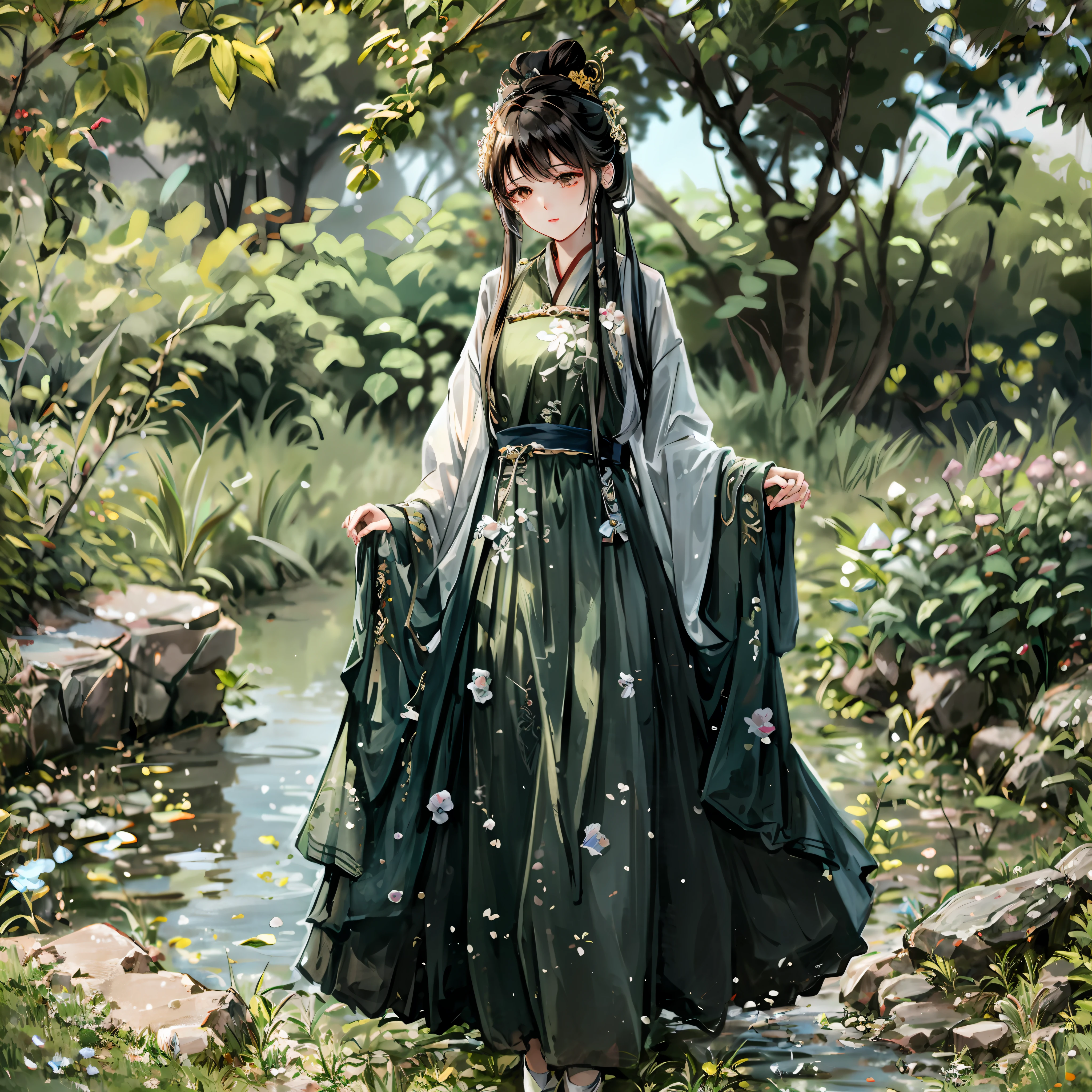 woman in green dress standing in a stream of water, hanfu, palace , a girl in hanfu, white hanfu, chinese costume, traditional chinese clothing, flowing magical robe, with acient chinese clothes, wearing ancient chinese clothes, fantasy style clothing, 8k)), 中 元 节, full body xianxia, chinese dress