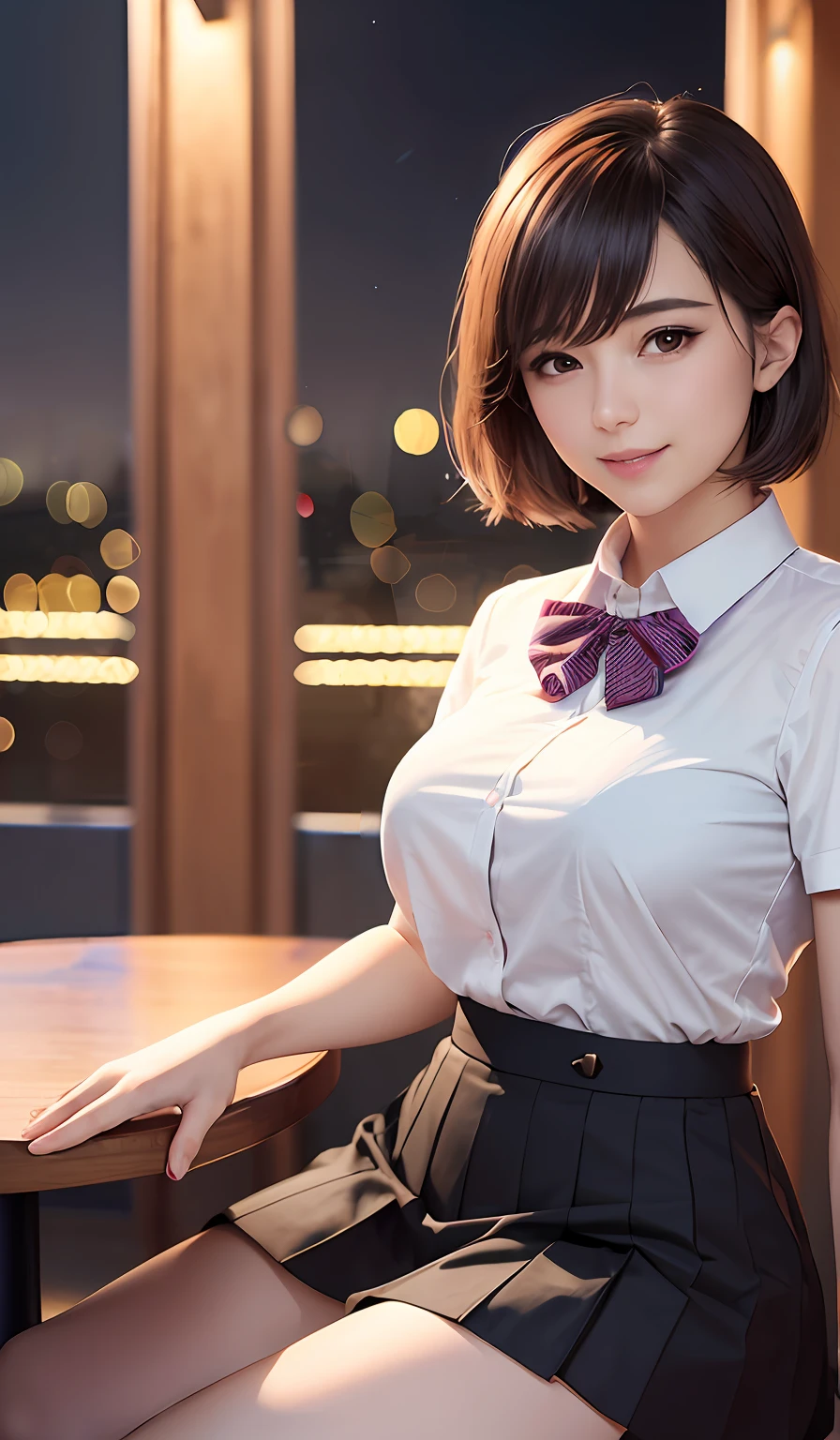 (8k, RAW photo, best quality, masterpiece:1.2), (realistic, photo-realistic:1.37), ultra-detailed,
1 girl,cute, solo,beautiful detailed sky,detailed cafe,night,sitting,dating,(nose blush),(smile:1.1),(closed mouth),large breasts, seductive smile, large aparture, professional lighting, Sony A7R4, Zessie 50mm F1.8,
medium breasts,beautiful detailed eyes,(collared shirt:1.1), bowtie,pleated skirt,(short hair:1.2),floating hair