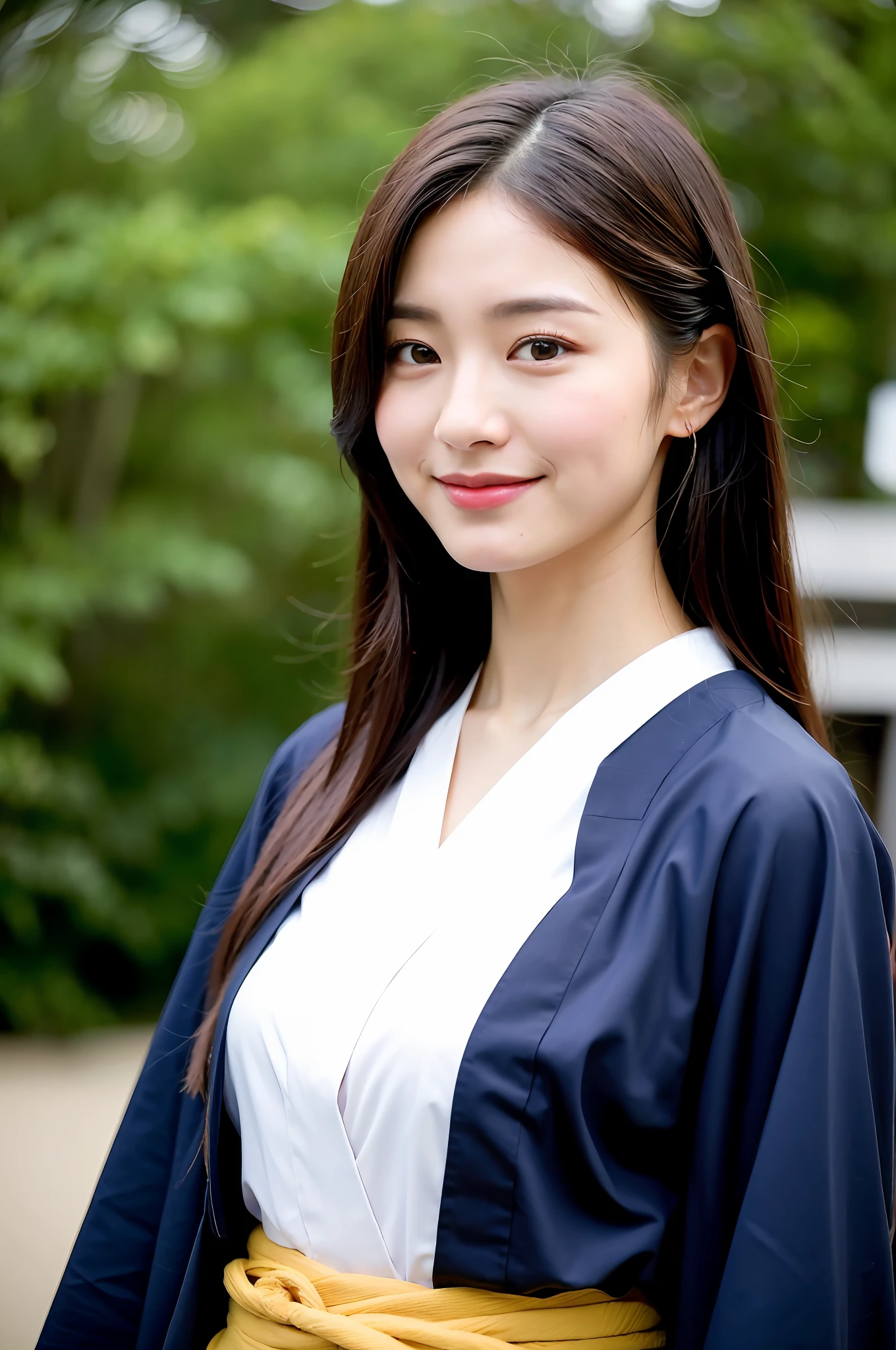 ((Best Quality, 8K, Masterpiece: 1.3)), Sharp Focus: 1.2, (Super Beautiful Face: 1.0), (Slender Abs Beauty: 1.0), (Shiny Skin: 1.0), Realistic Photography, Black Hair, Realistic Pupils, Video Lighting, High Definition Eyes and Face, Video Lighting, (Cowboy Shot: 1.3), (Kimono, Hakama, Obi: 1.4), (Korean Cute Actress), Traditional Kimono, Happiness, In Nature, Look at the audience, from the front, big