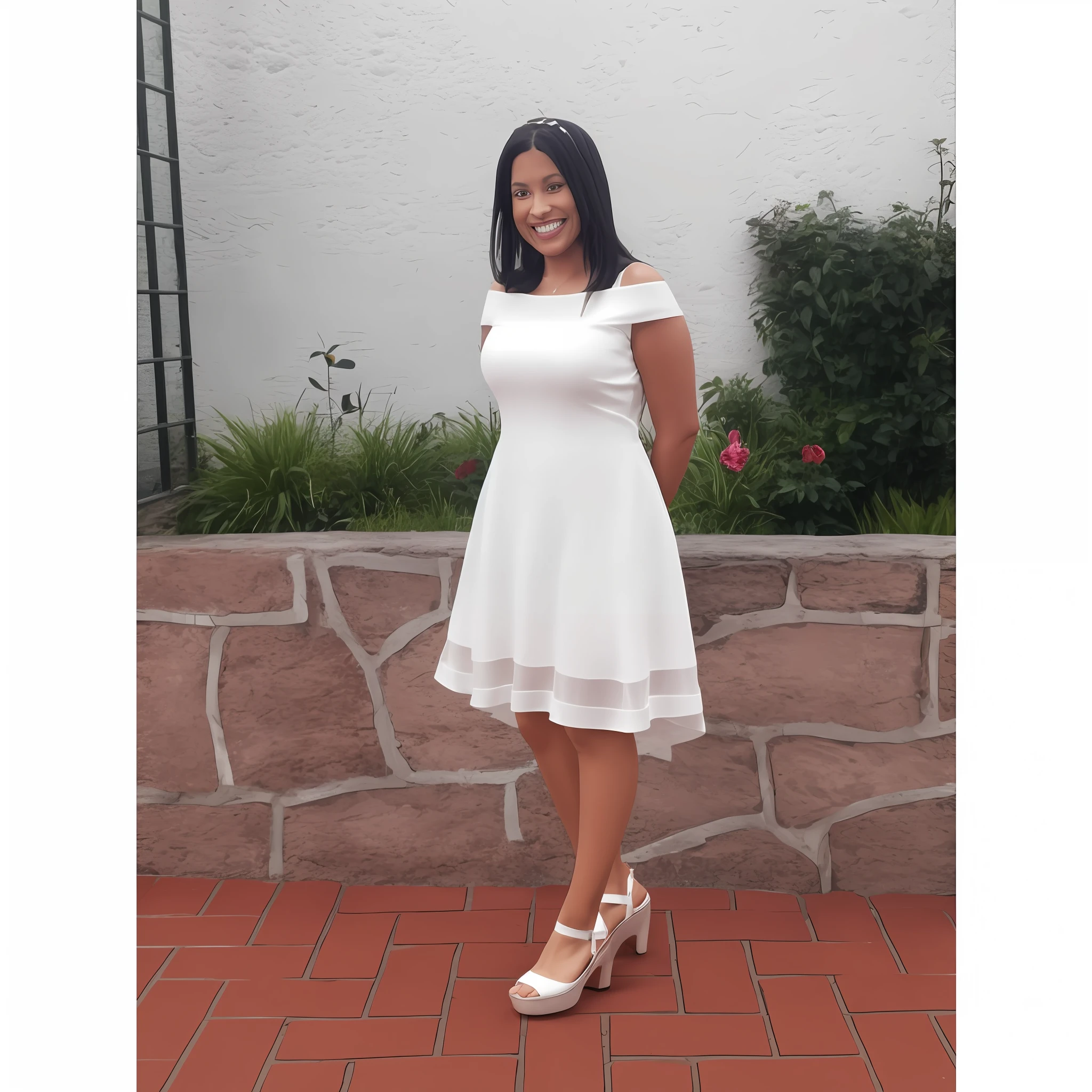 arafed woman in a white dress standing in front of a wall, wearing heels and white dress, wearing white dress, white dress, wearing a cute white dress, wearing a white dress, full body white dress, pretty white dress, wearing along white dress, white! dress, dressed in white, elegant white dress, dressed in a beautiful white, white sundress